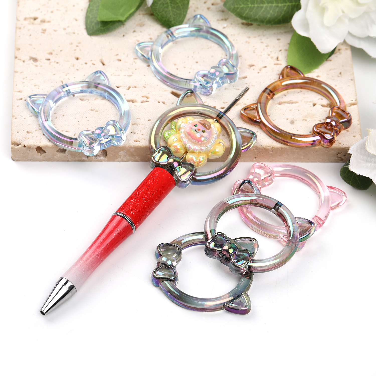 【B115】50pcs  See Thru Ring Frame Acrylic Beads with Cat Ear-JPM