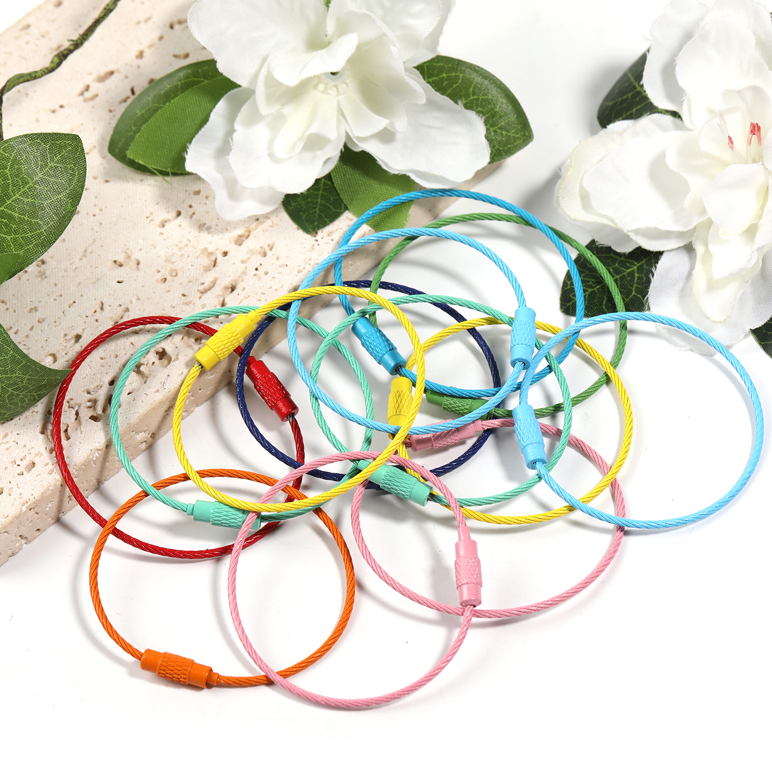 【A2】20Pcs Multi Color Stainless Steel Wire Keychain Cable Key Ring Loop Assorted Colored Keychain -JPM