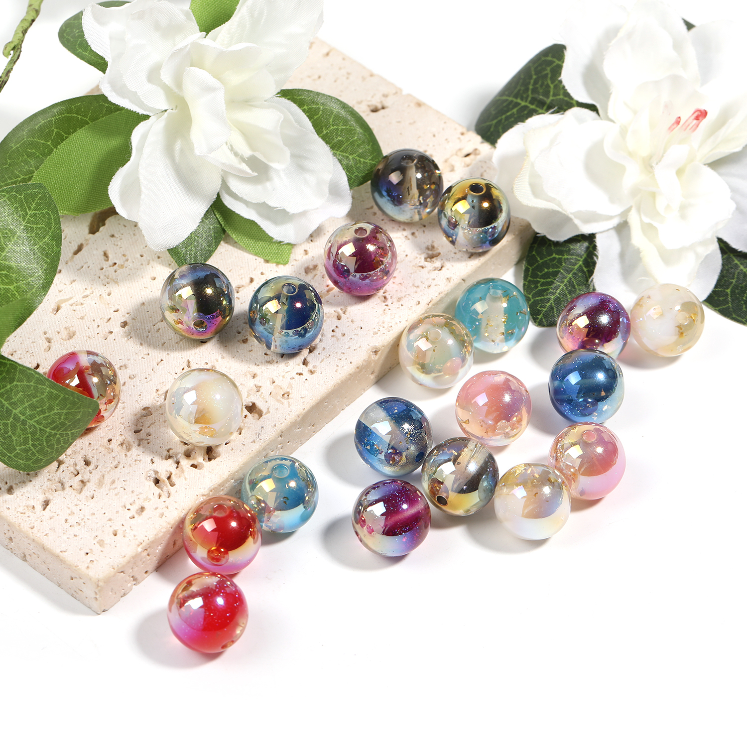 【B126】100pcs Resin Imitation Cat Eye Beads, Round, Mixed Color-JPM