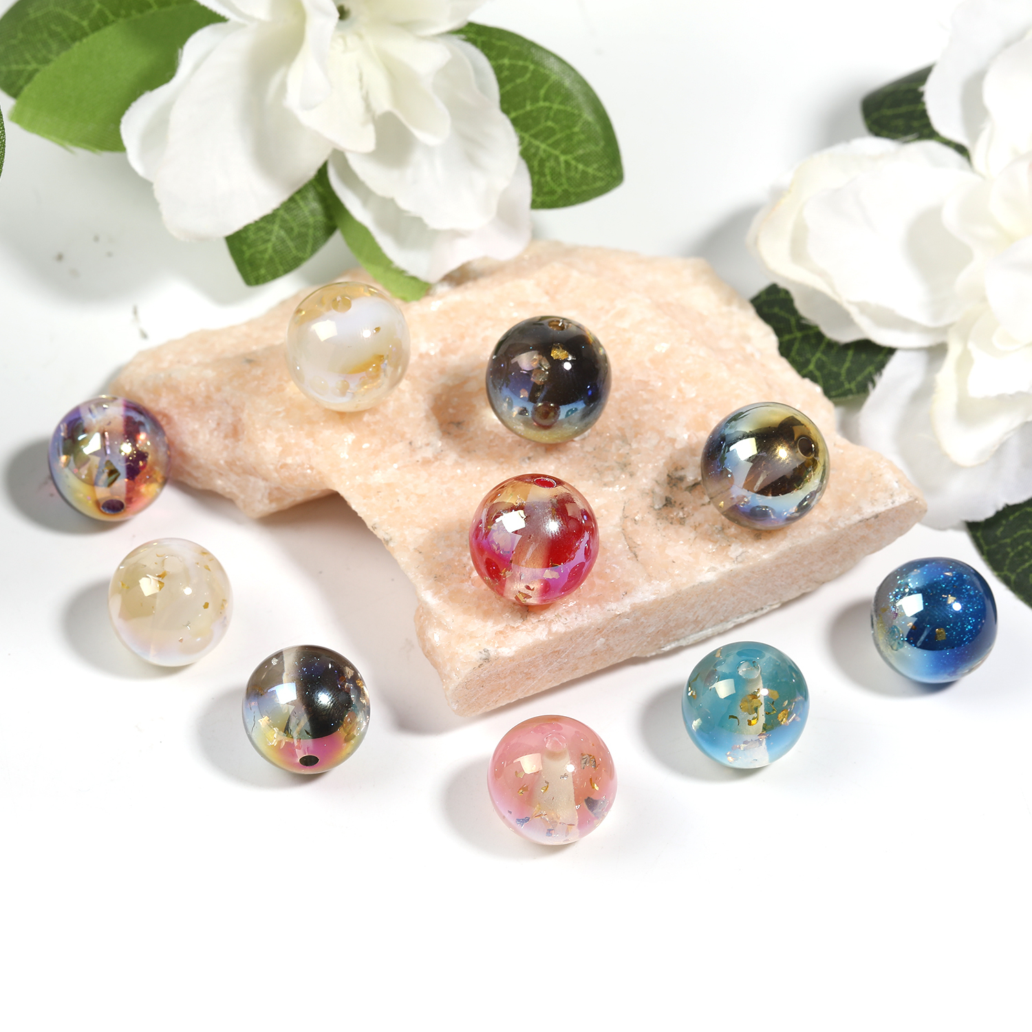 【B126】100pcs Resin Imitation Cat Eye Beads, Round, Mixed Color-JPM