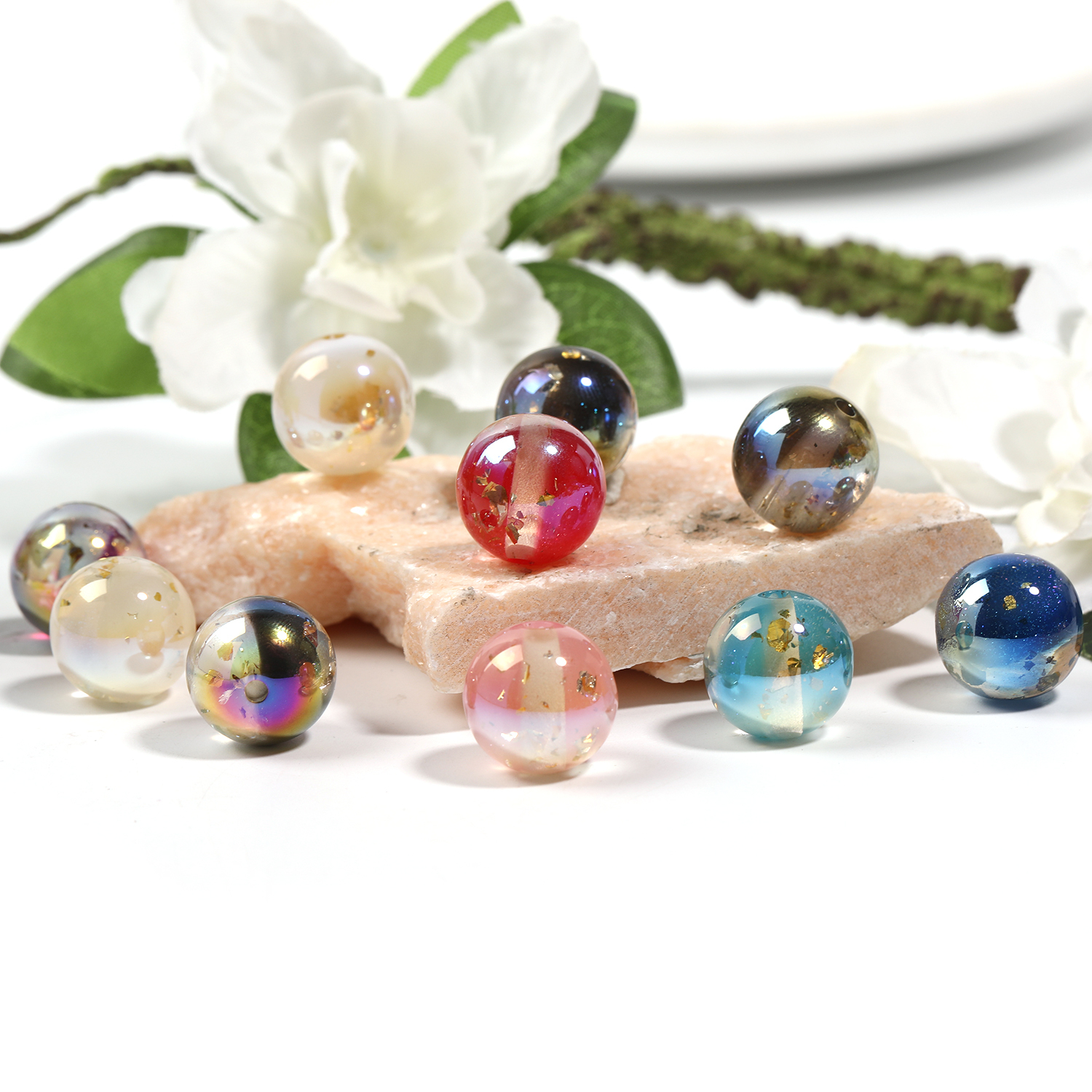 【B126】100pcs Resin Imitation Cat Eye Beads, Round, Mixed Color-JPM