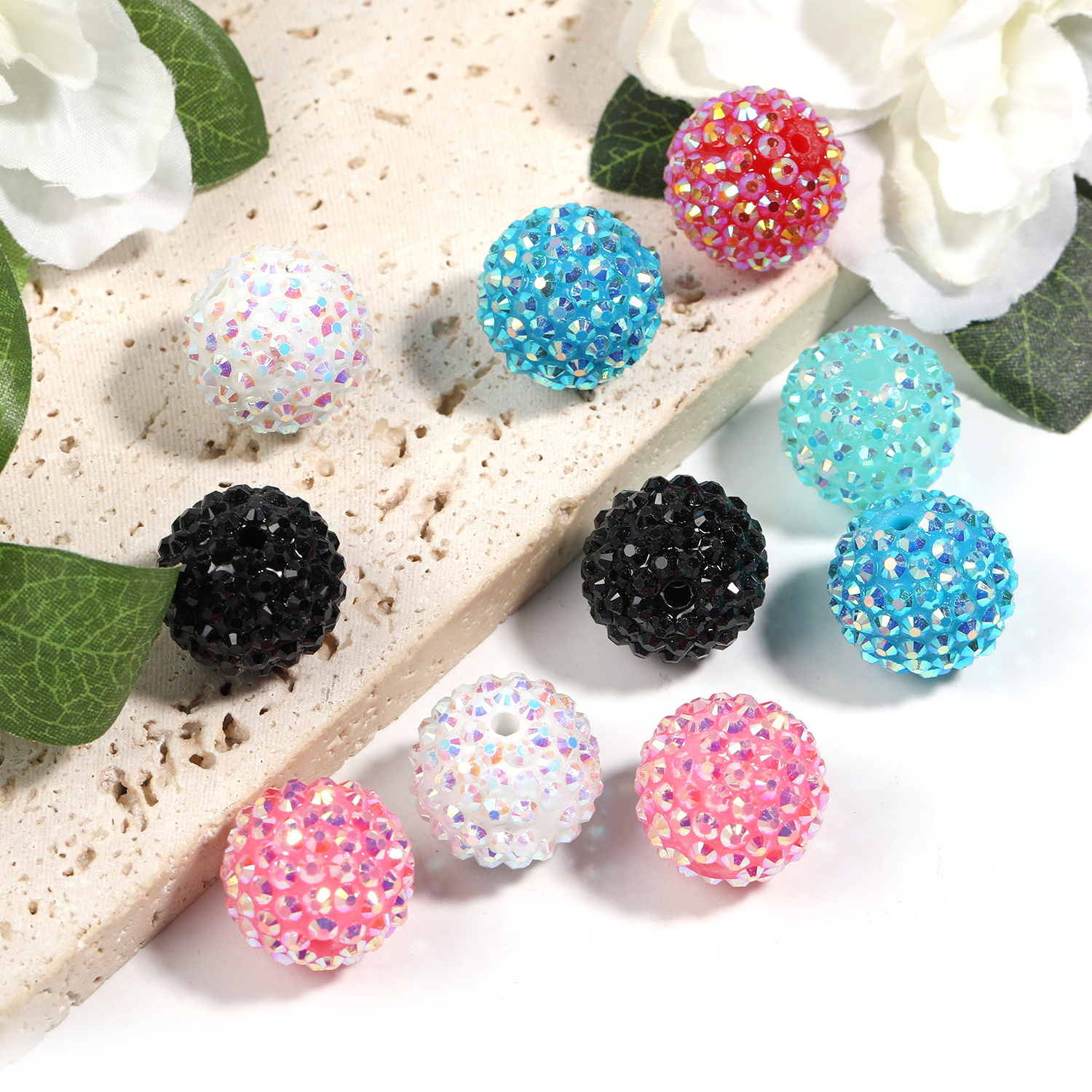 【B129】50pcs Colorful Rhinestone Beads Round Spacer Beads for Jewelry Bracelet Necklace Pen Bag -JPM