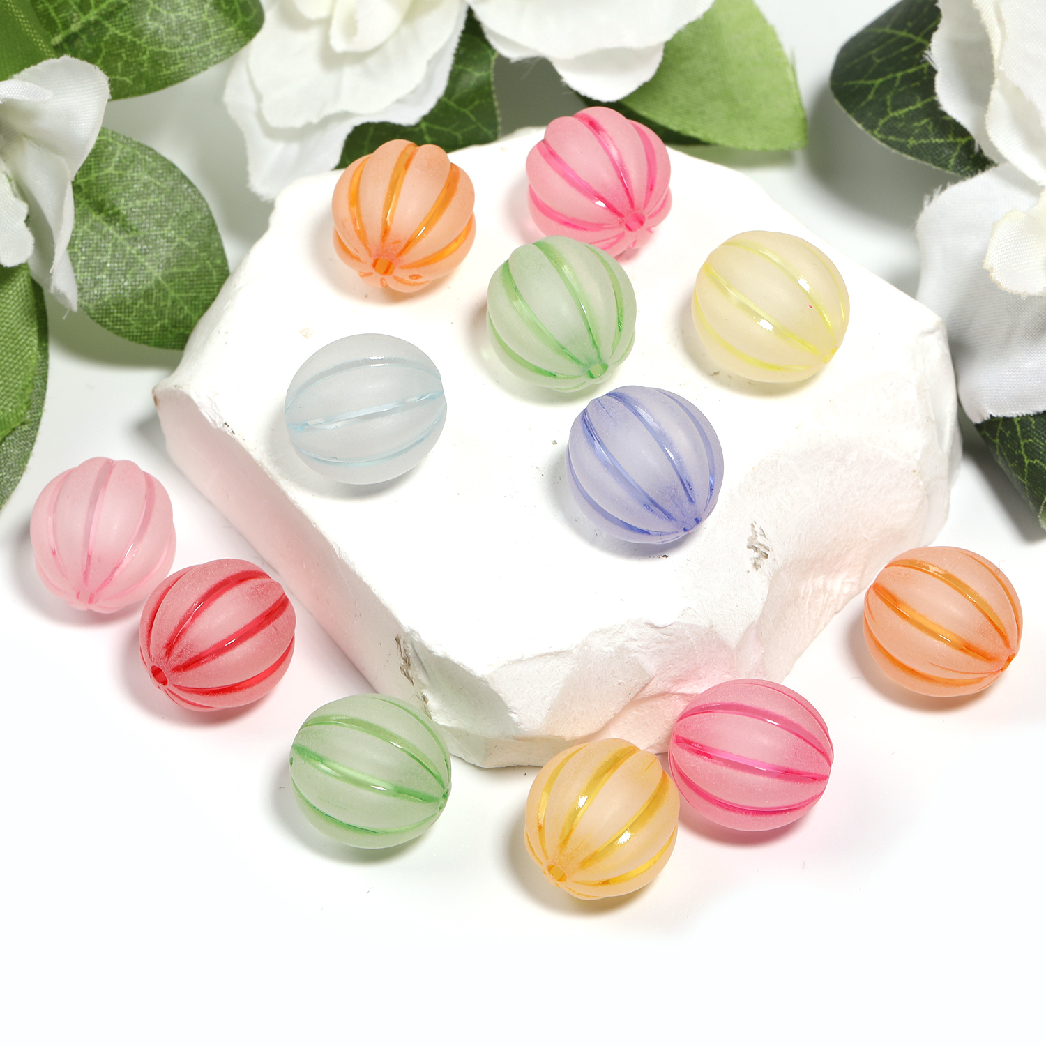 【B183】-Mixed Color Frosted Acrylic Beads Round Loose Watermelon-JPM