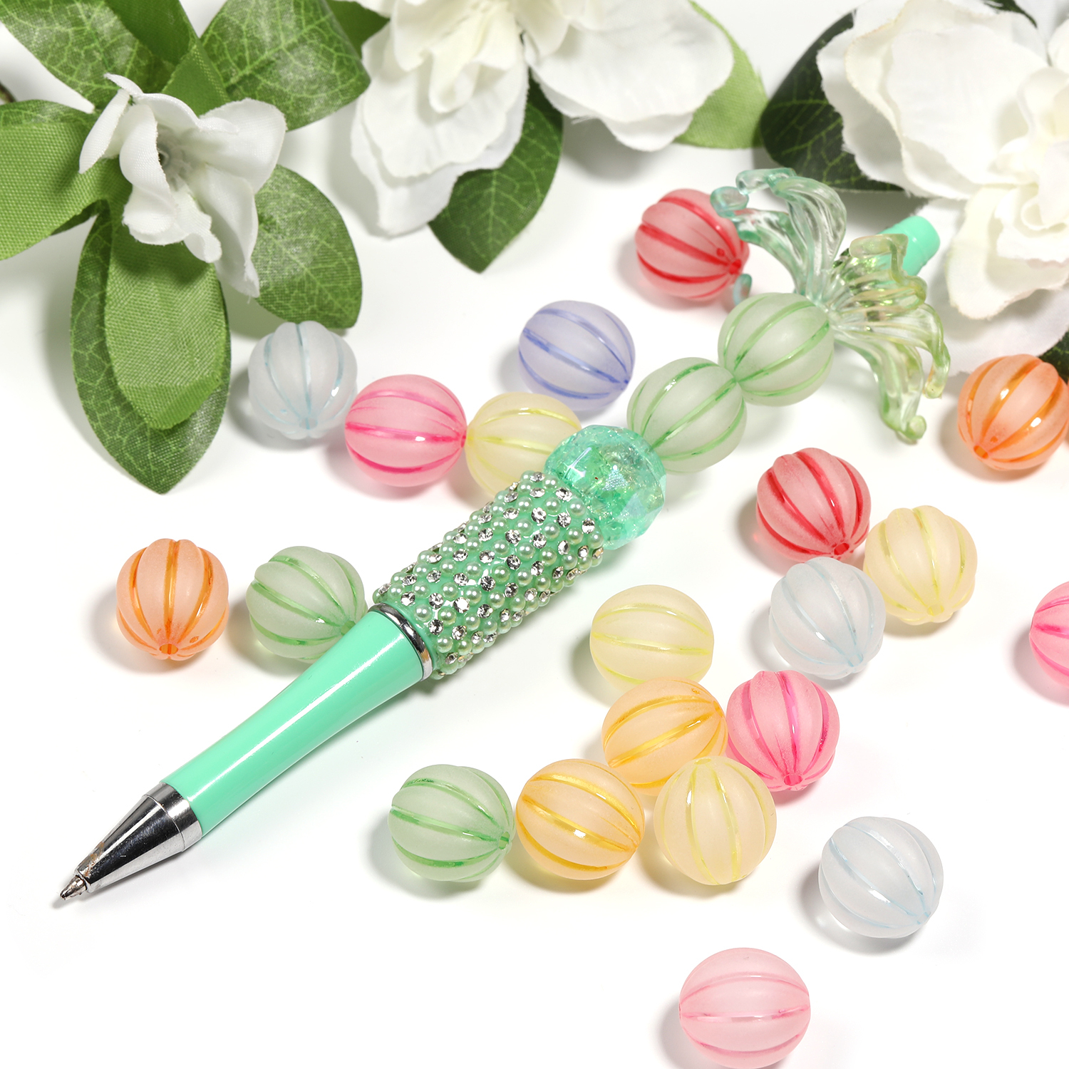 【B183】-Mixed Color Frosted Acrylic Beads Round Loose Watermelon-JPM