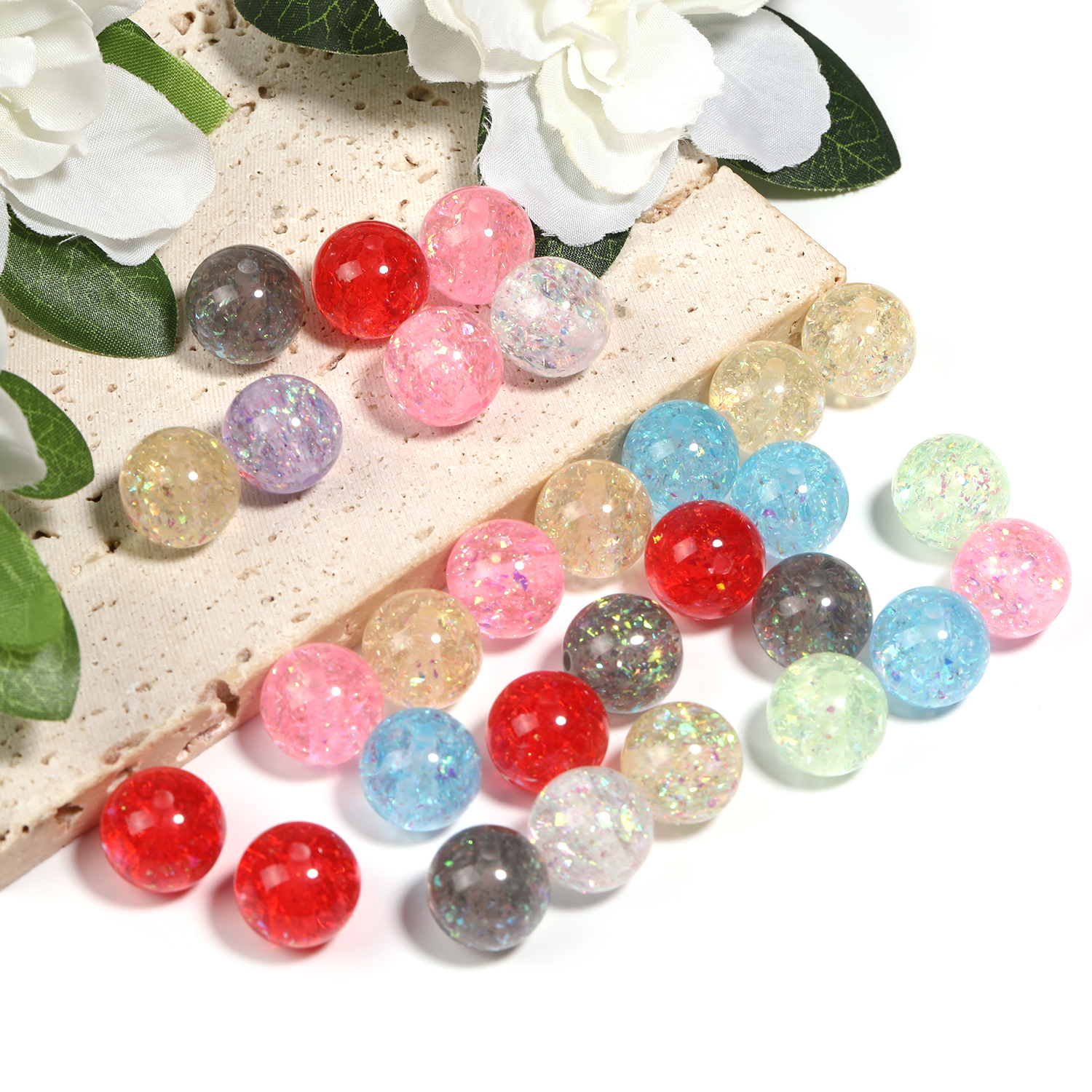 【B184】- 50pcs Transparent Crackle Acrylic Round Beads AB Color Bead -JPM