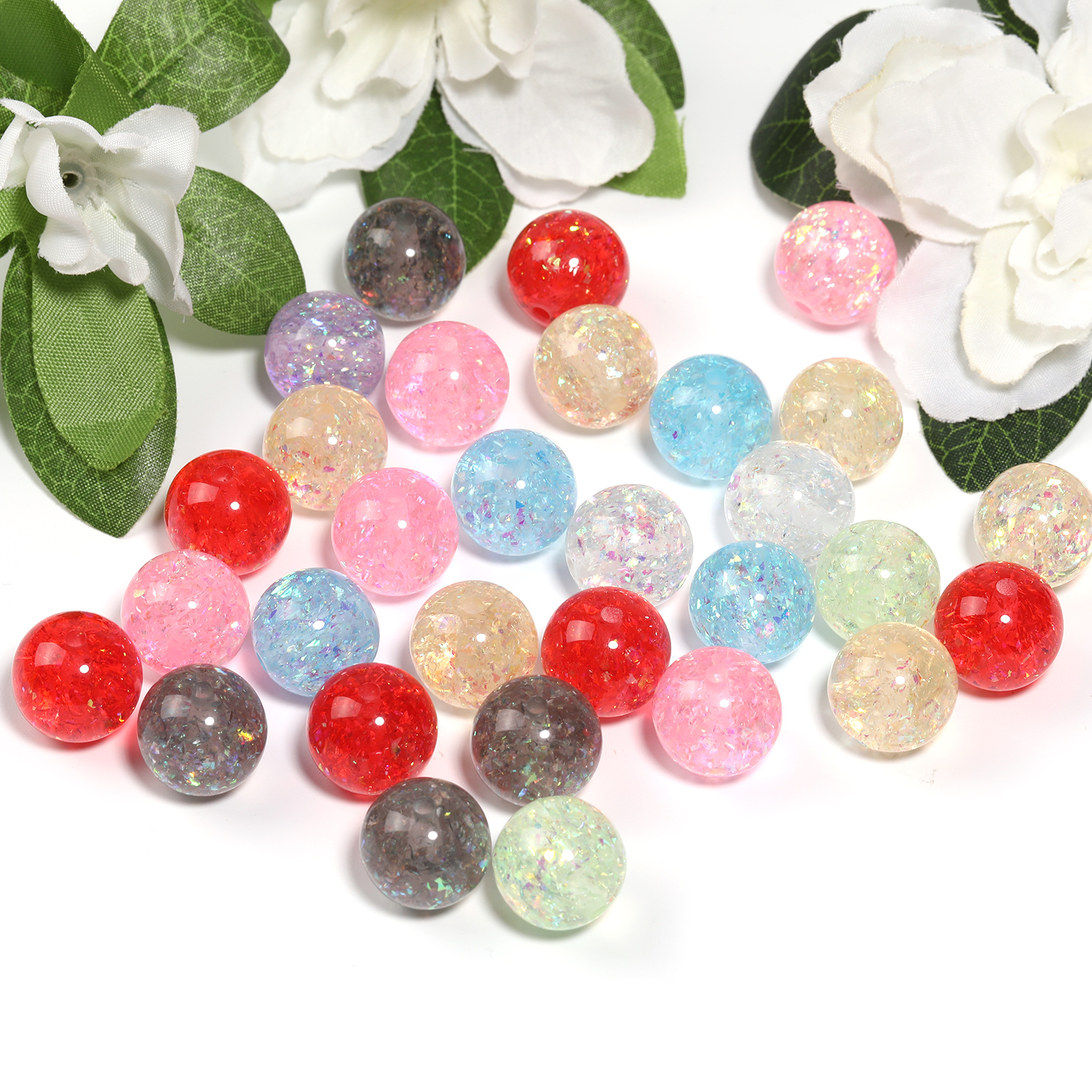 【B184】- 50pcs Transparent Crackle Acrylic Round Beads AB Color Bead -JPM