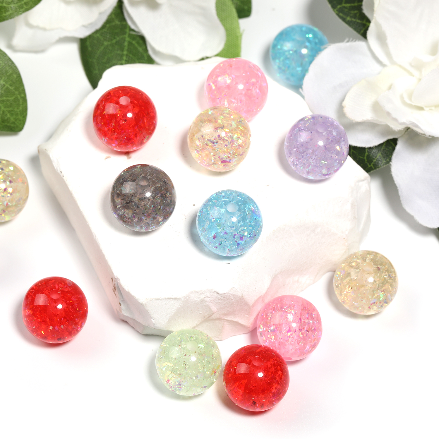 【B184】- 50pcs Transparent Crackle Acrylic Round Beads AB Color Bead -JPM