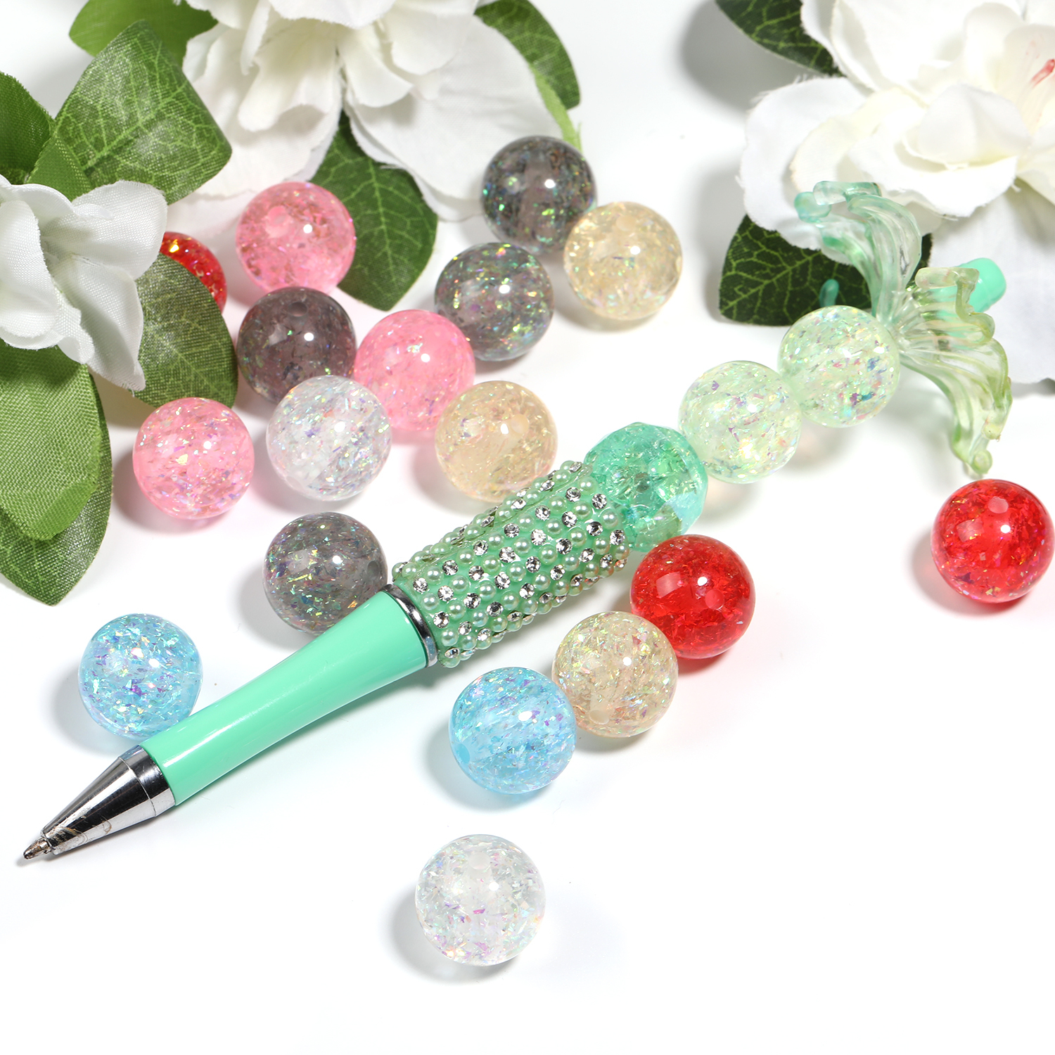 【B184】- 50pcs Transparent Crackle Acrylic Round Beads AB Color Bead -JPM