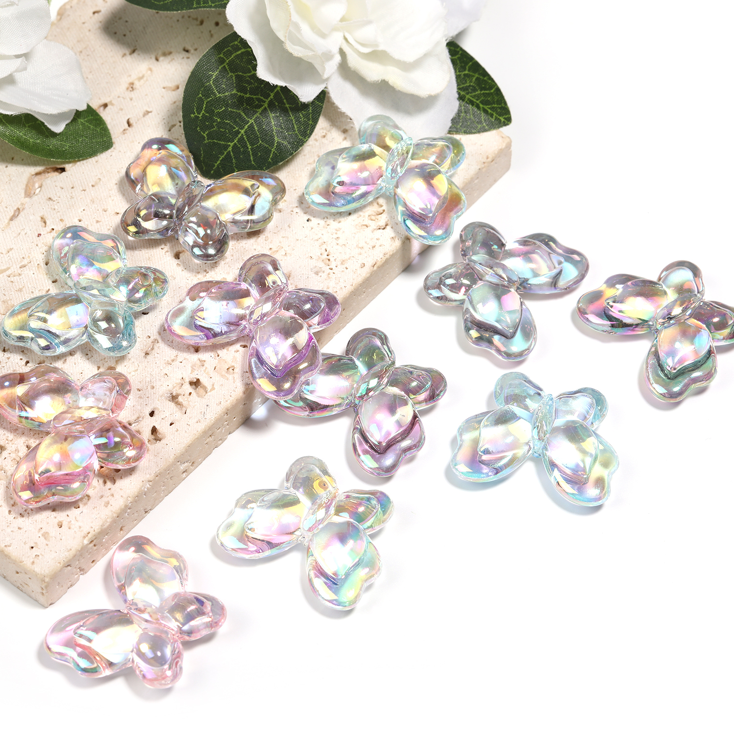 【B177】Opaque Acrylic Beads, with Glitter Powder, AB Color, Butterfly--JPM