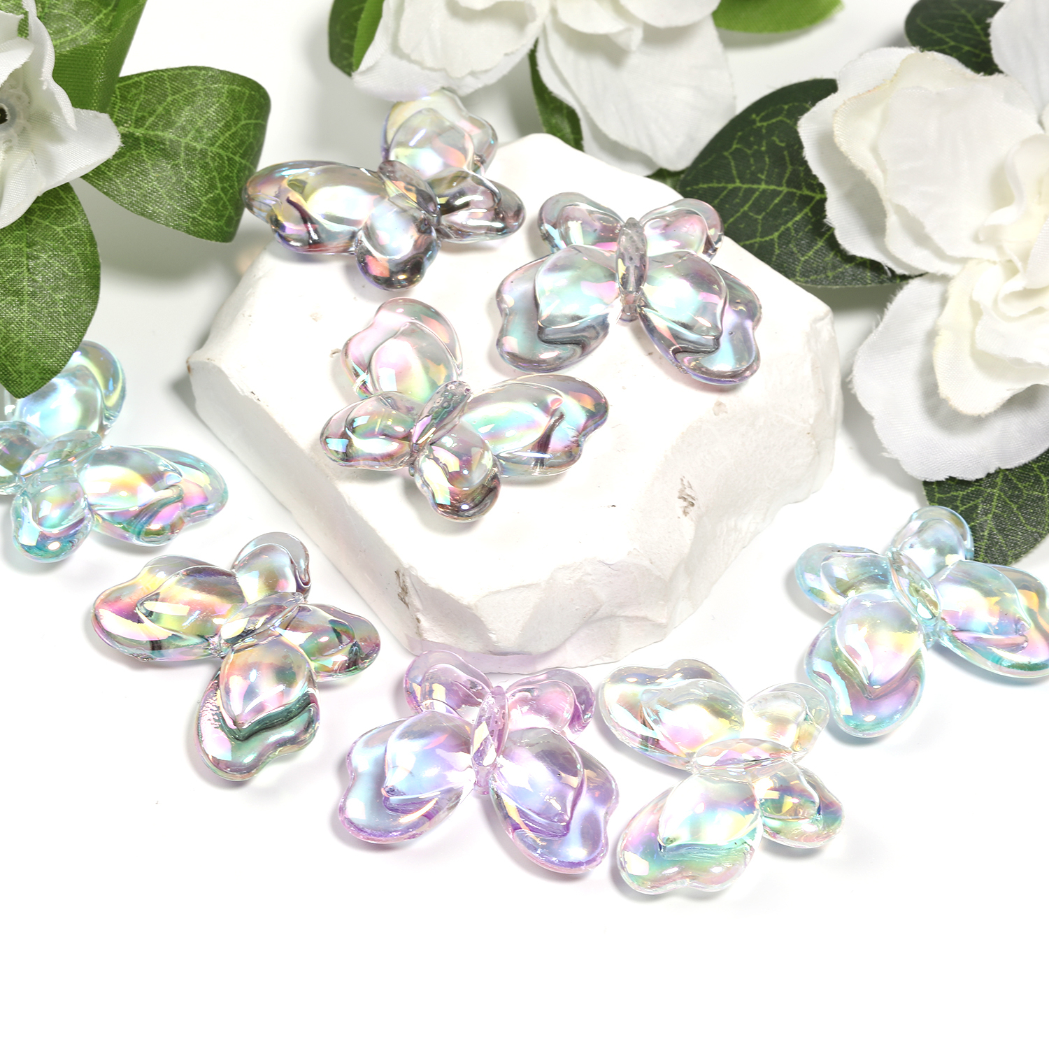 【B177】Opaque Acrylic Beads, with Glitter Powder, AB Color, Butterfly--JPM