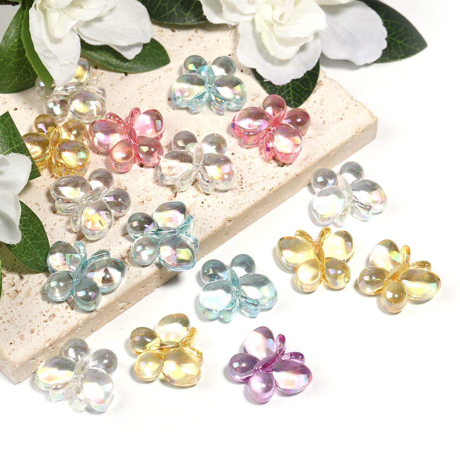 【B177】Opaque Acrylic Beads, with Glitter Powder, AB Color, Butterfly--JPM