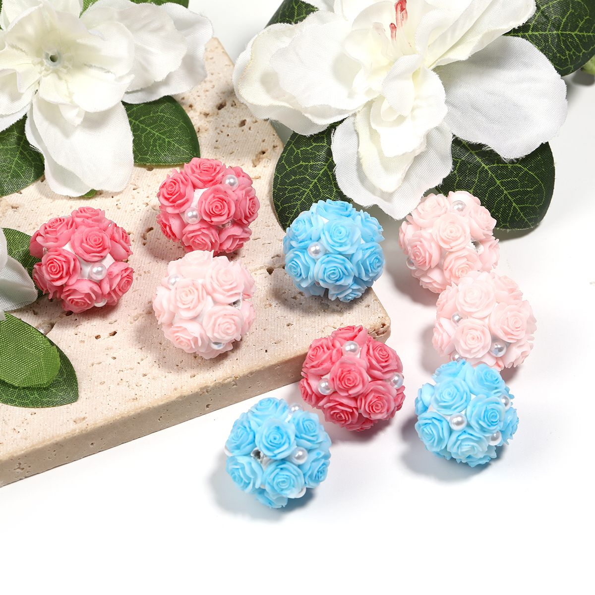 【B215】10pcs Round Clay Beads with Small Flowers in Solid Colors,-JPM