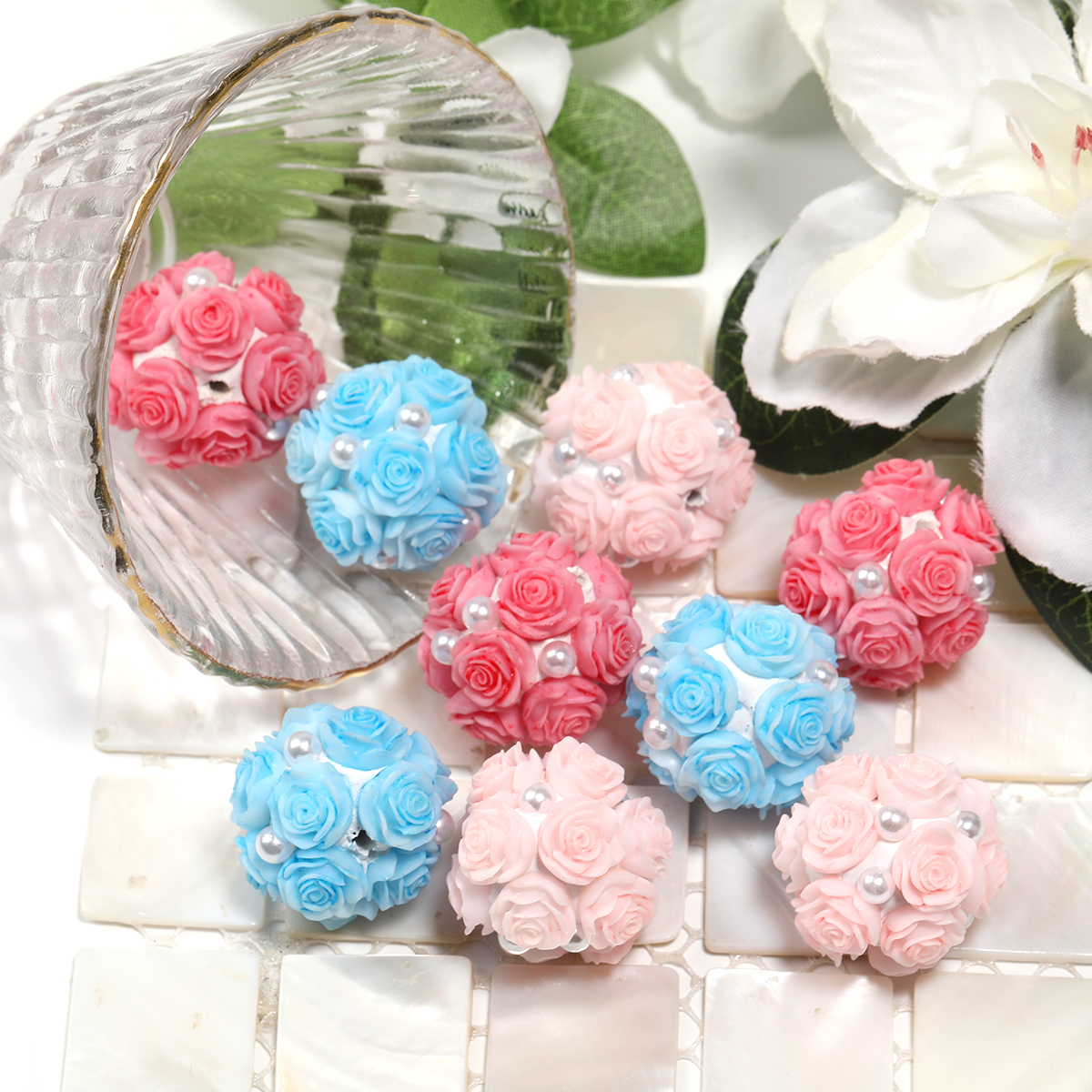 【B215】10pcs Round Clay Beads with Small Flowers in Solid Colors,-JPM