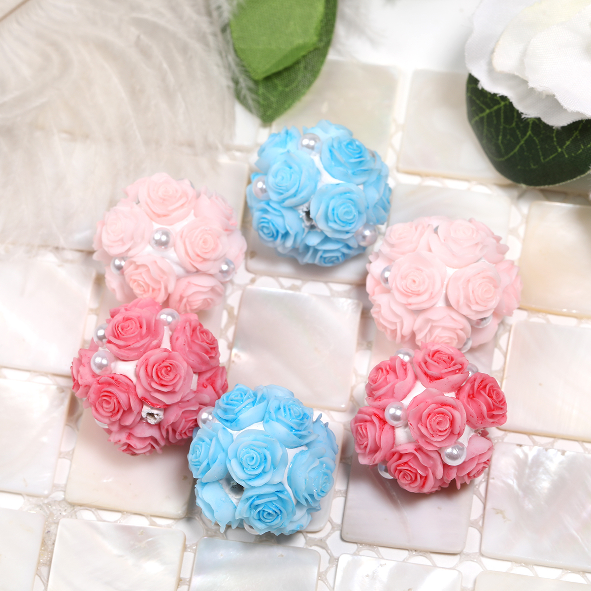 【B215】10pcs Round Clay Beads with Small Flowers in Solid Colors,-JPM