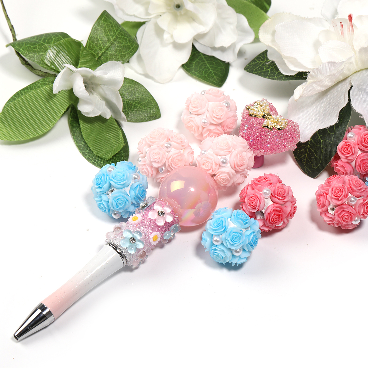 【B215】10pcs Round Clay Beads with Small Flowers in Solid Colors,-JPM