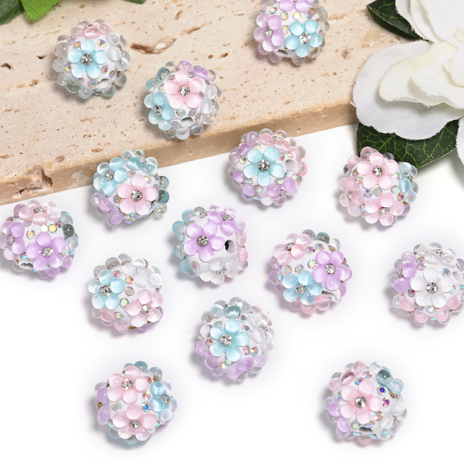 【B164】Floral Clay Beads with Flowers and AB Rhinestones-JPM