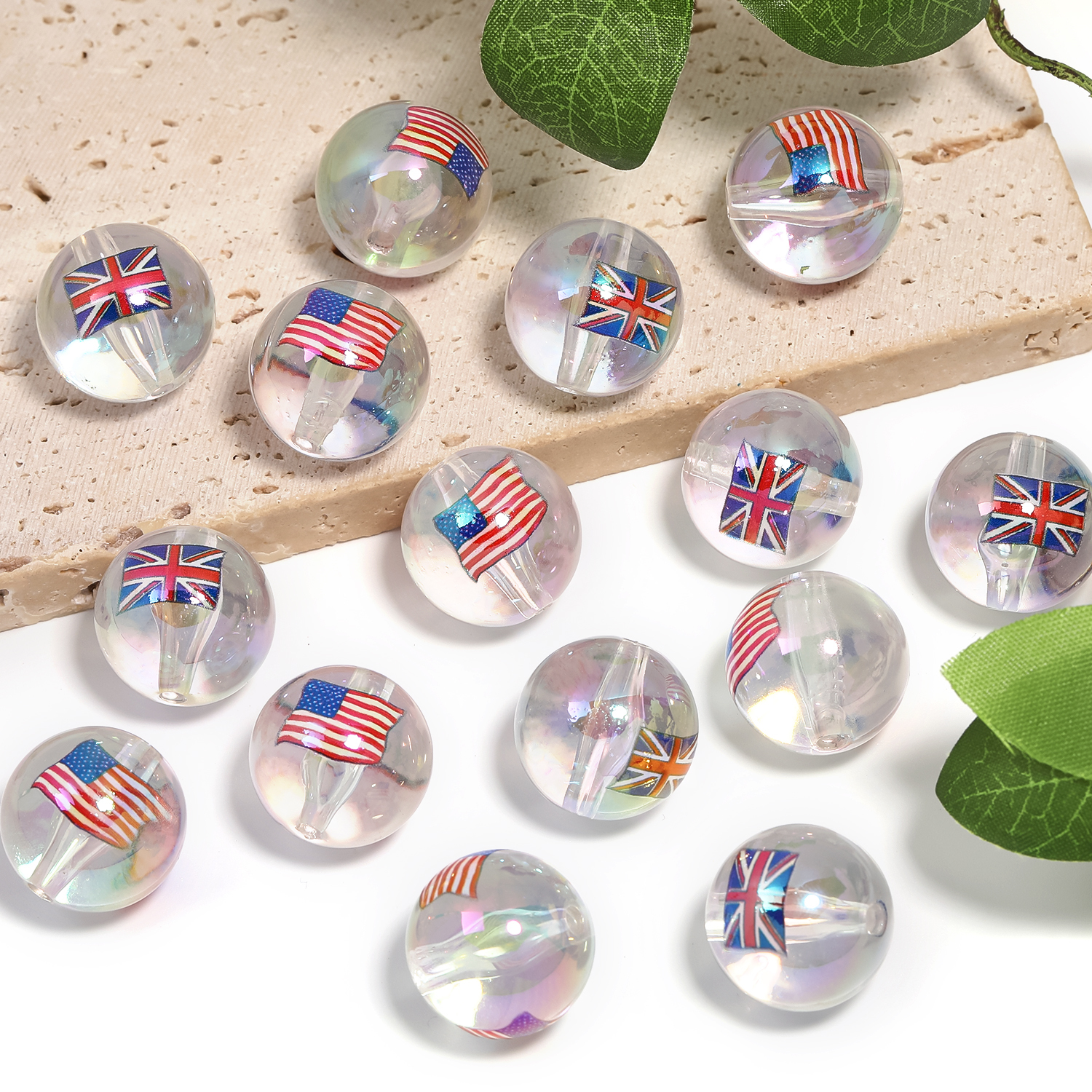 【B171】50pcs  Flag printCrystal Glass Beads Round Color Crystal Beads Glass-JPM