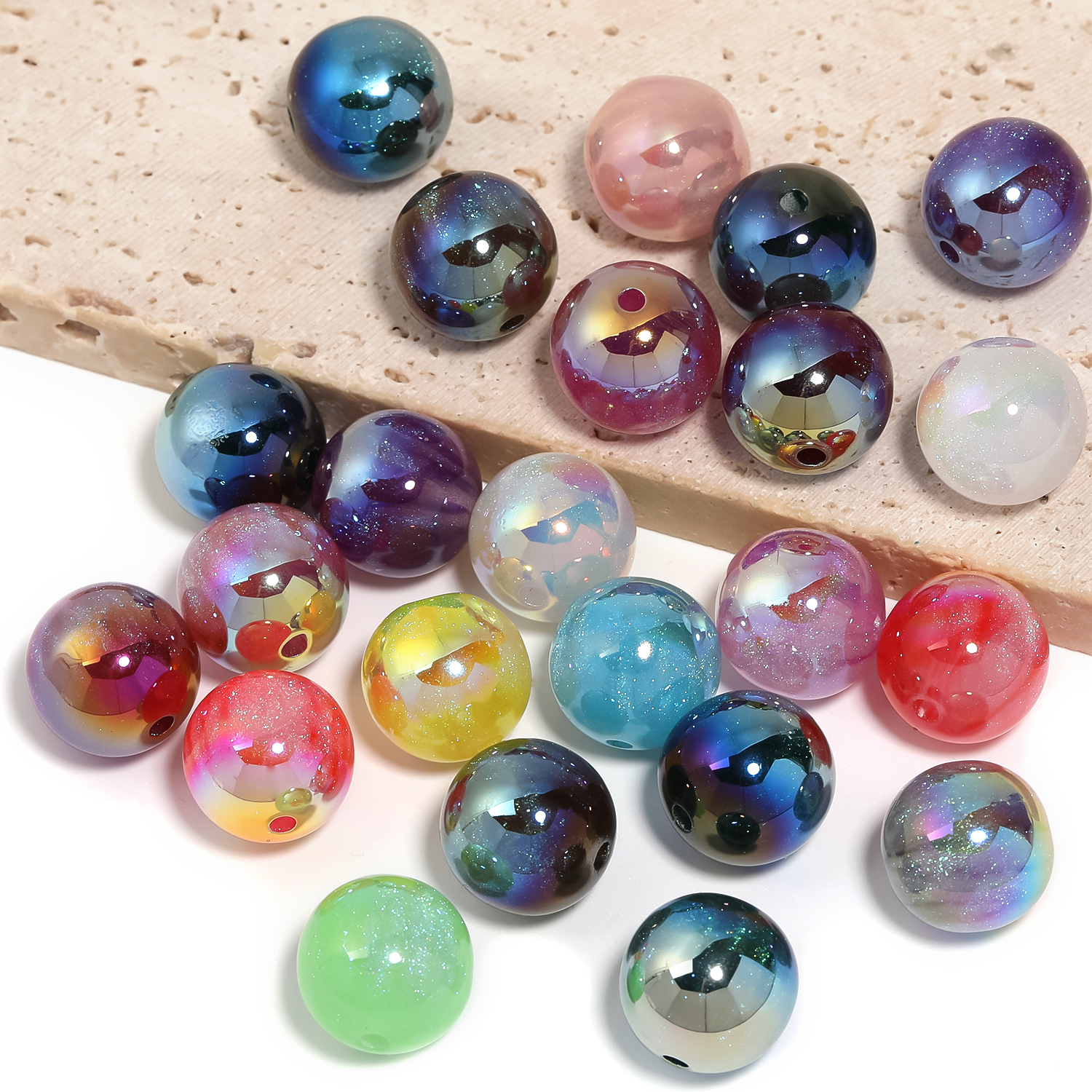 【B174】50pcs Resin Imitation Cat Eye Beads, Round, Mixed Color-JPM