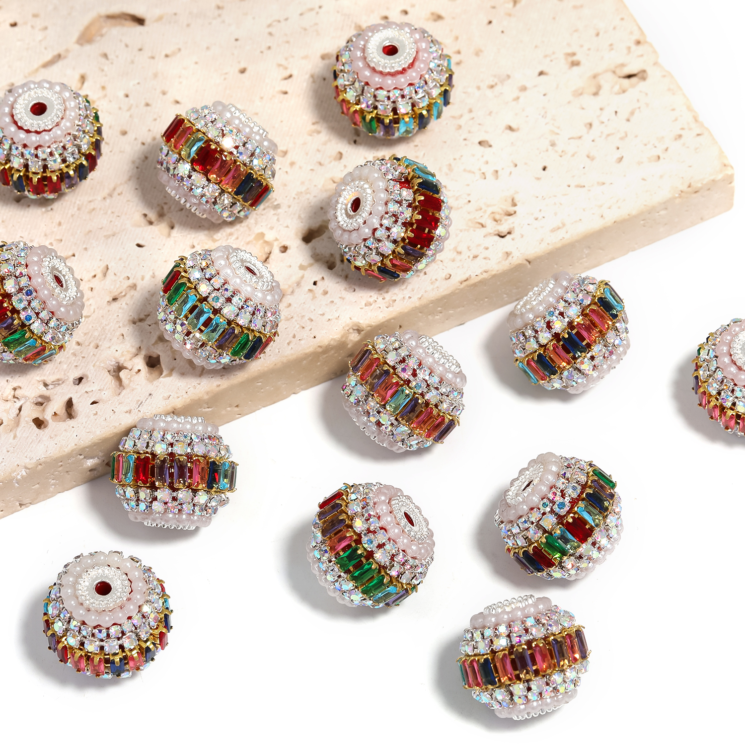 【B145】15pcs Metal Beads with Silver Pins, Double Layer Rhinestones-JPM