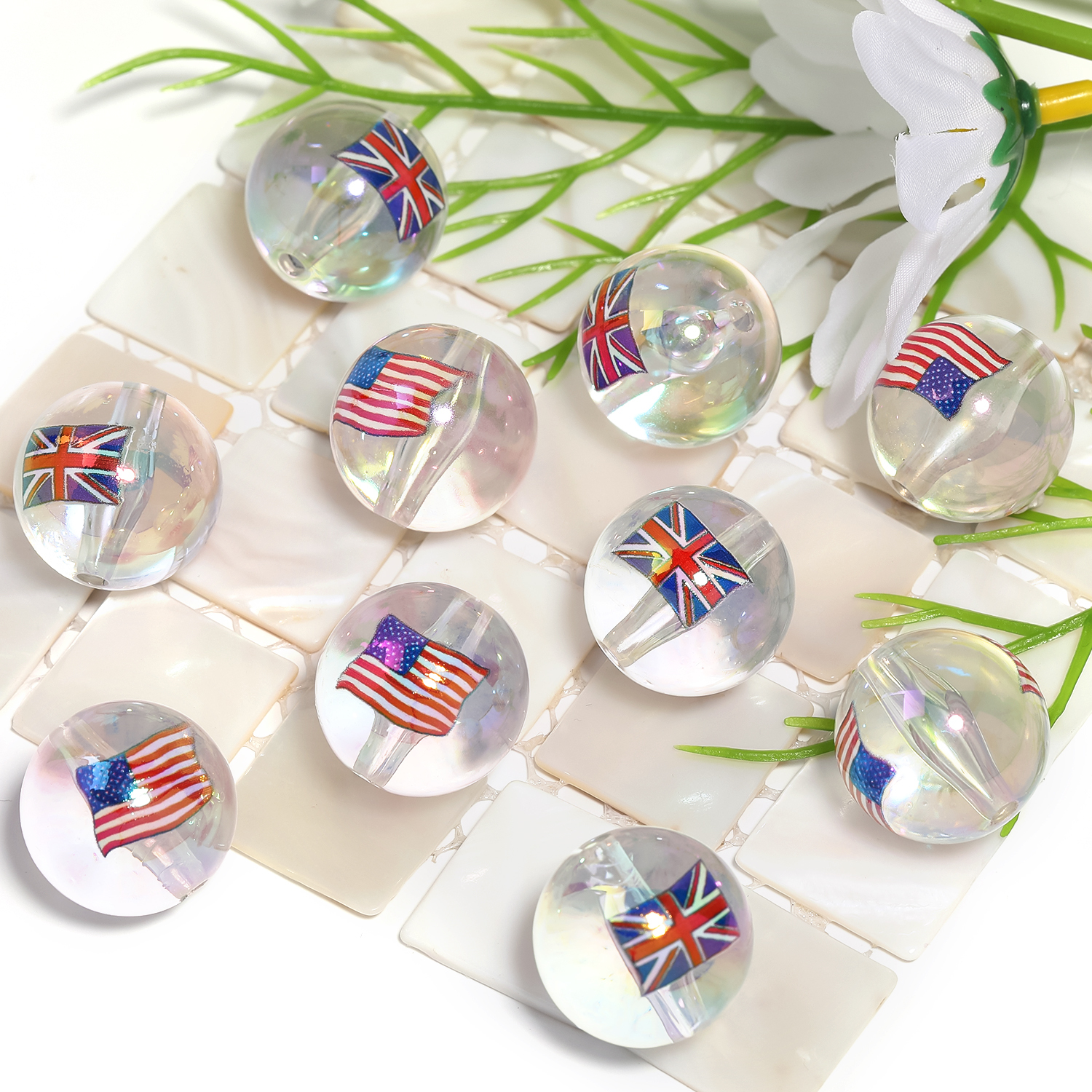 【B171】50pcs  Flag printCrystal Glass Beads Round Color Crystal Beads Glass-JPM