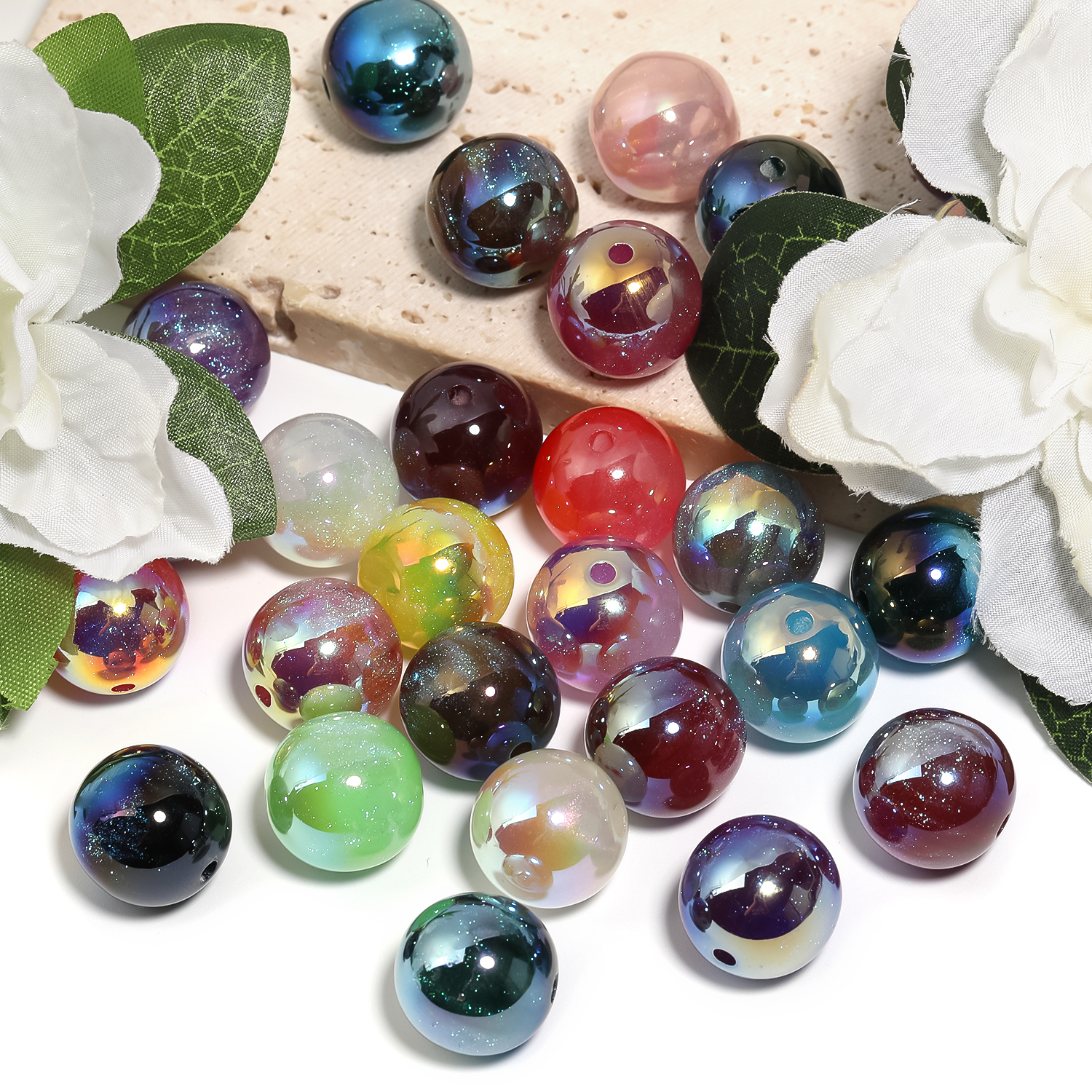 【B174】50pcs Resin Imitation Cat Eye Beads, Round, Mixed Color-JPM
