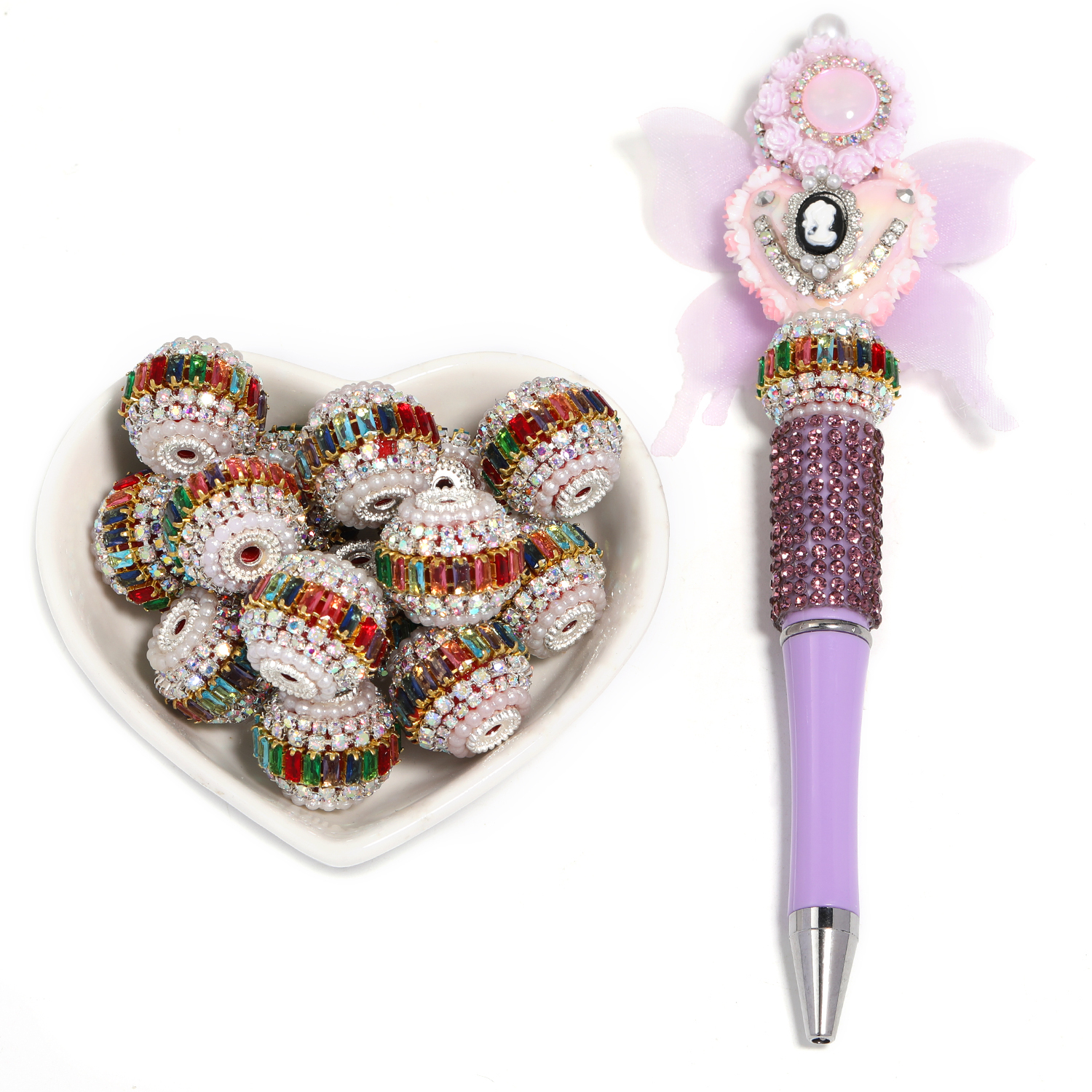 【B145】15pcs Metal Beads with Silver Pins, Double Layer Rhinestones-JPM