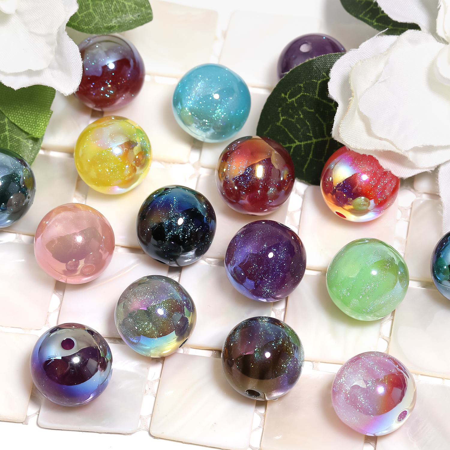 【B174】50pcs Resin Imitation Cat Eye Beads, Round, Mixed Color-JPM