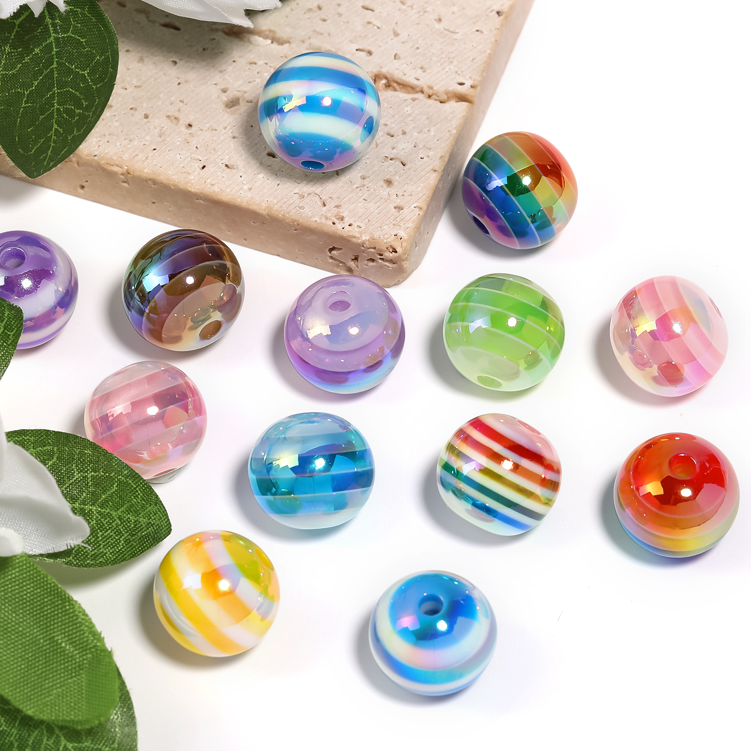 【B175】100pcs  Stripe Resin Beads, AB Color, Rondelle-JPM