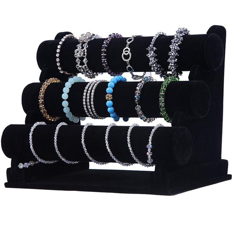 【S76】Three-layer black velvet wooden leather jewelry display stand bracelet -JPM