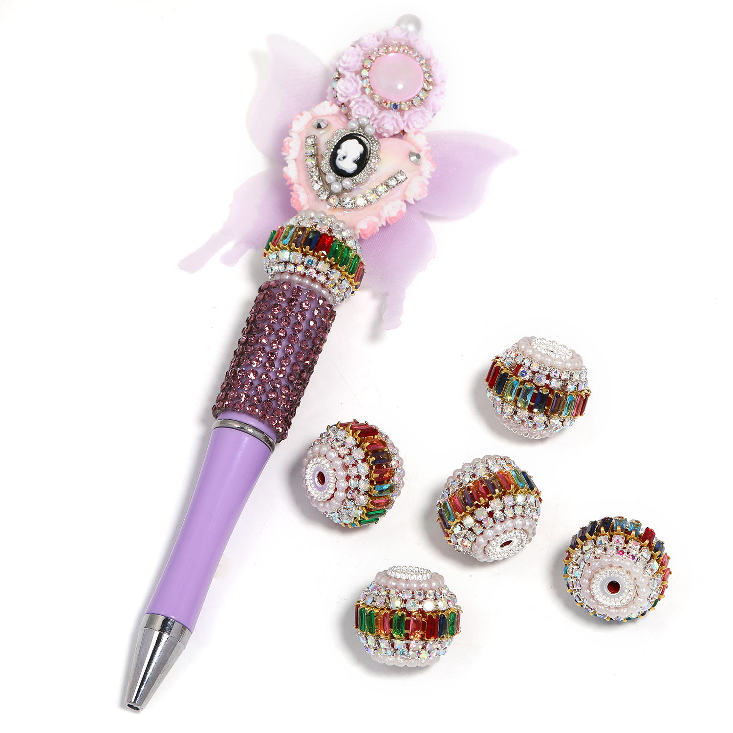 【B145】15pcs Metal Beads with Silver Pins, Double Layer Rhinestones-JPM