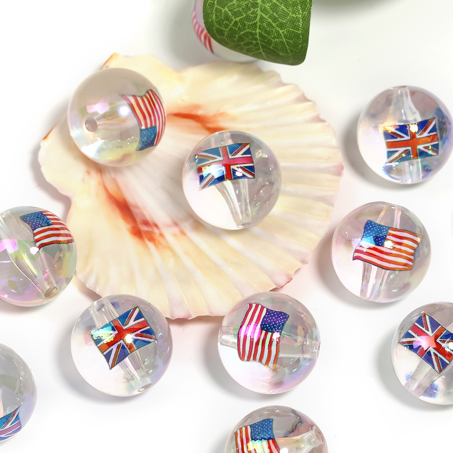 【B171】50pcs  Flag printCrystal Glass Beads Round Color Crystal Beads Glass-JPM