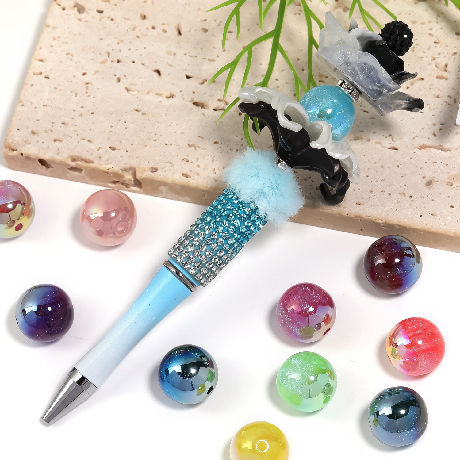 【B174】50pcs Resin Imitation Cat Eye Beads, Round, Mixed Color-JPM