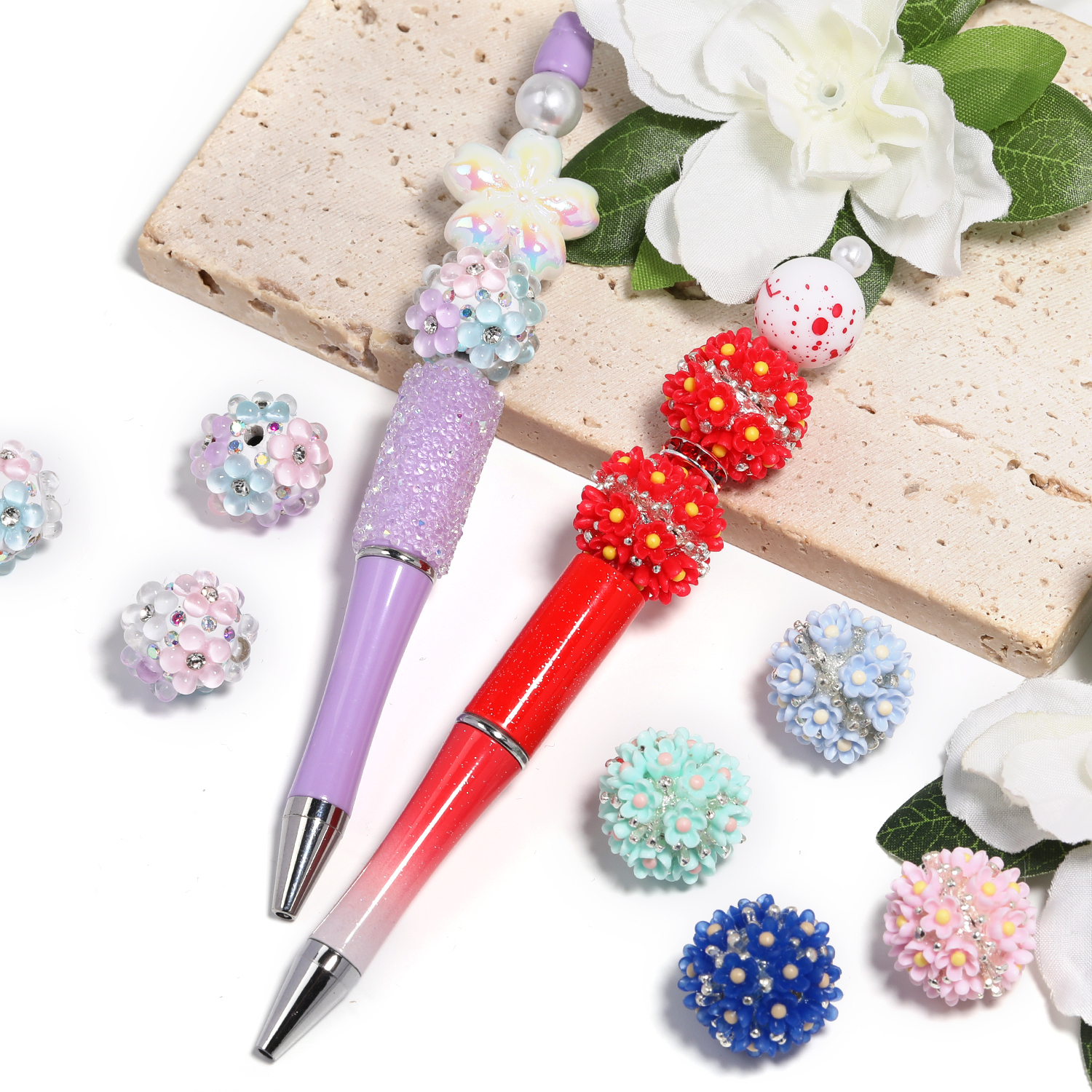 【B164】Floral Clay Beads with Flowers and AB Rhinestones-JPM