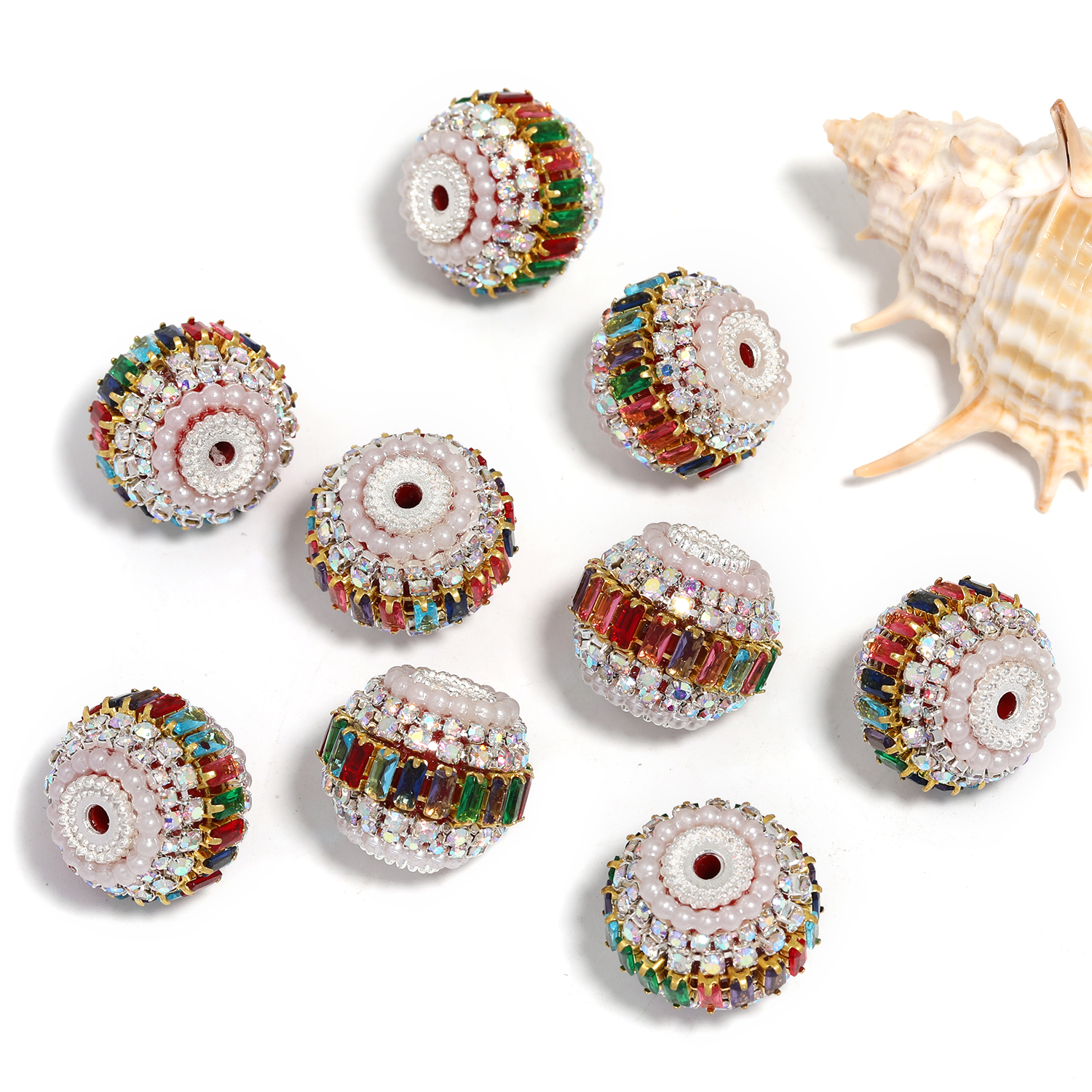 【B145】15pcs Metal Beads with Silver Pins, Double Layer Rhinestones-JPM