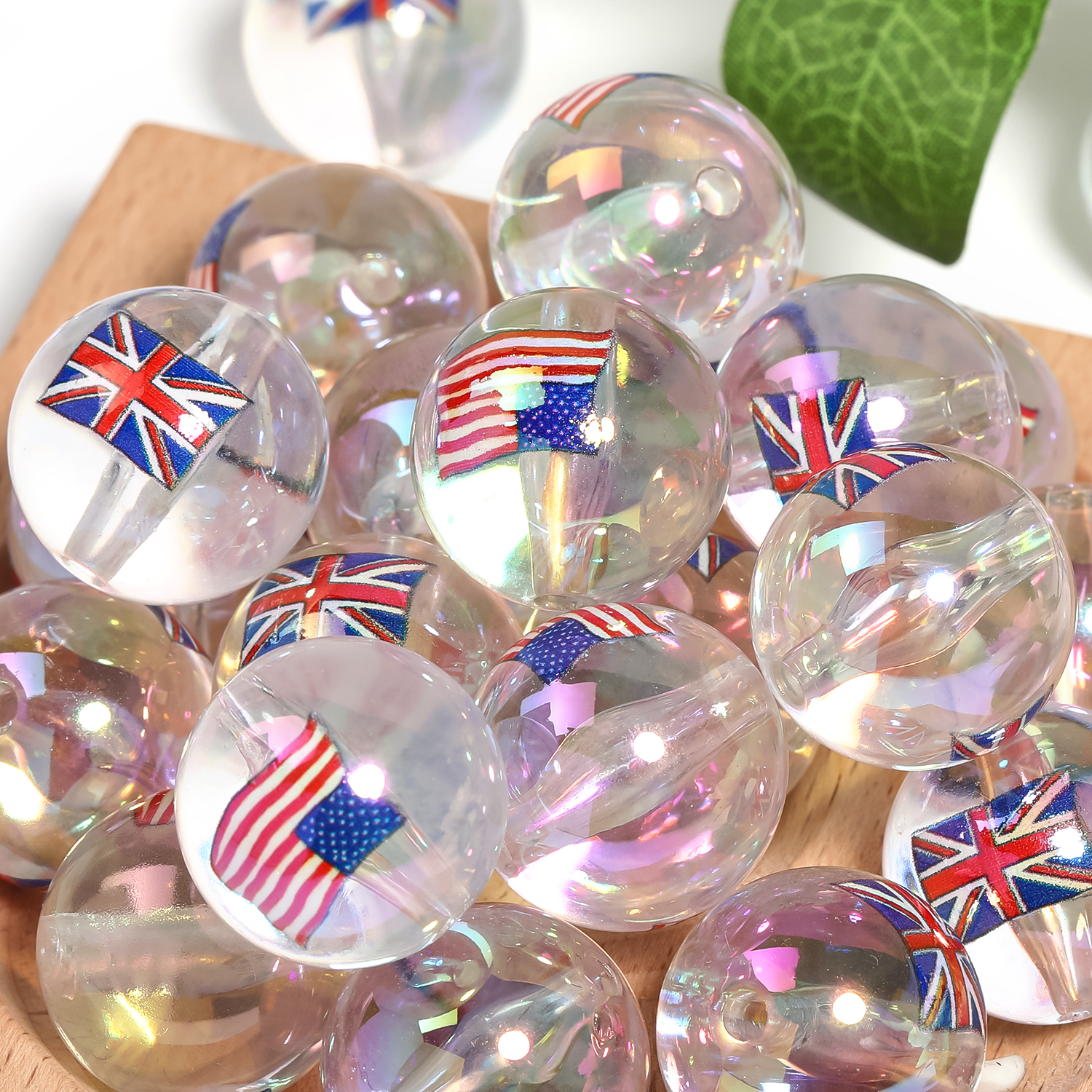 【B171】50pcs  Flag printCrystal Glass Beads Round Color Crystal Beads Glass-JPM
