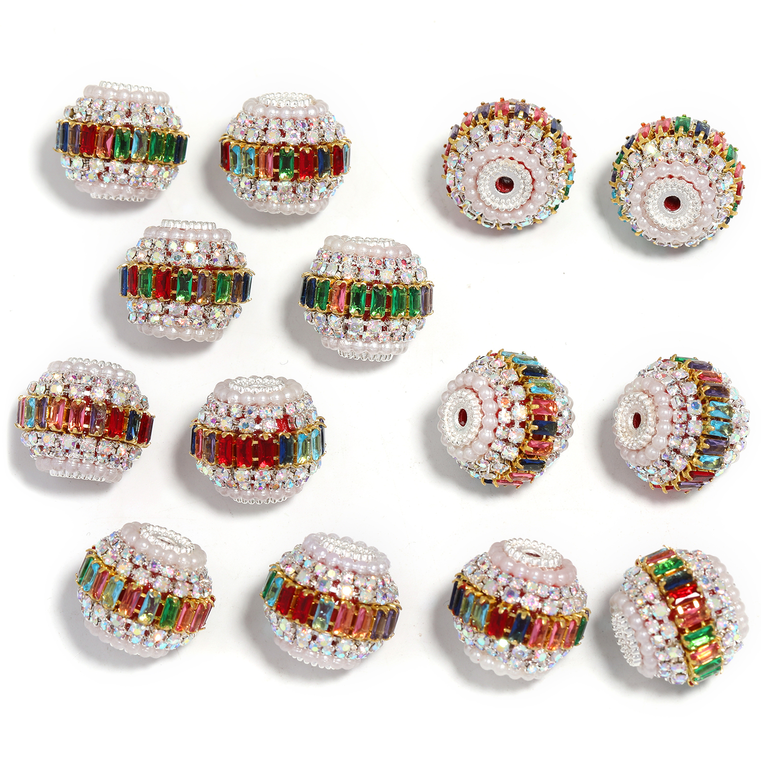 【B145】15pcs Metal Beads with Silver Pins, Double Layer Rhinestones-JPM
