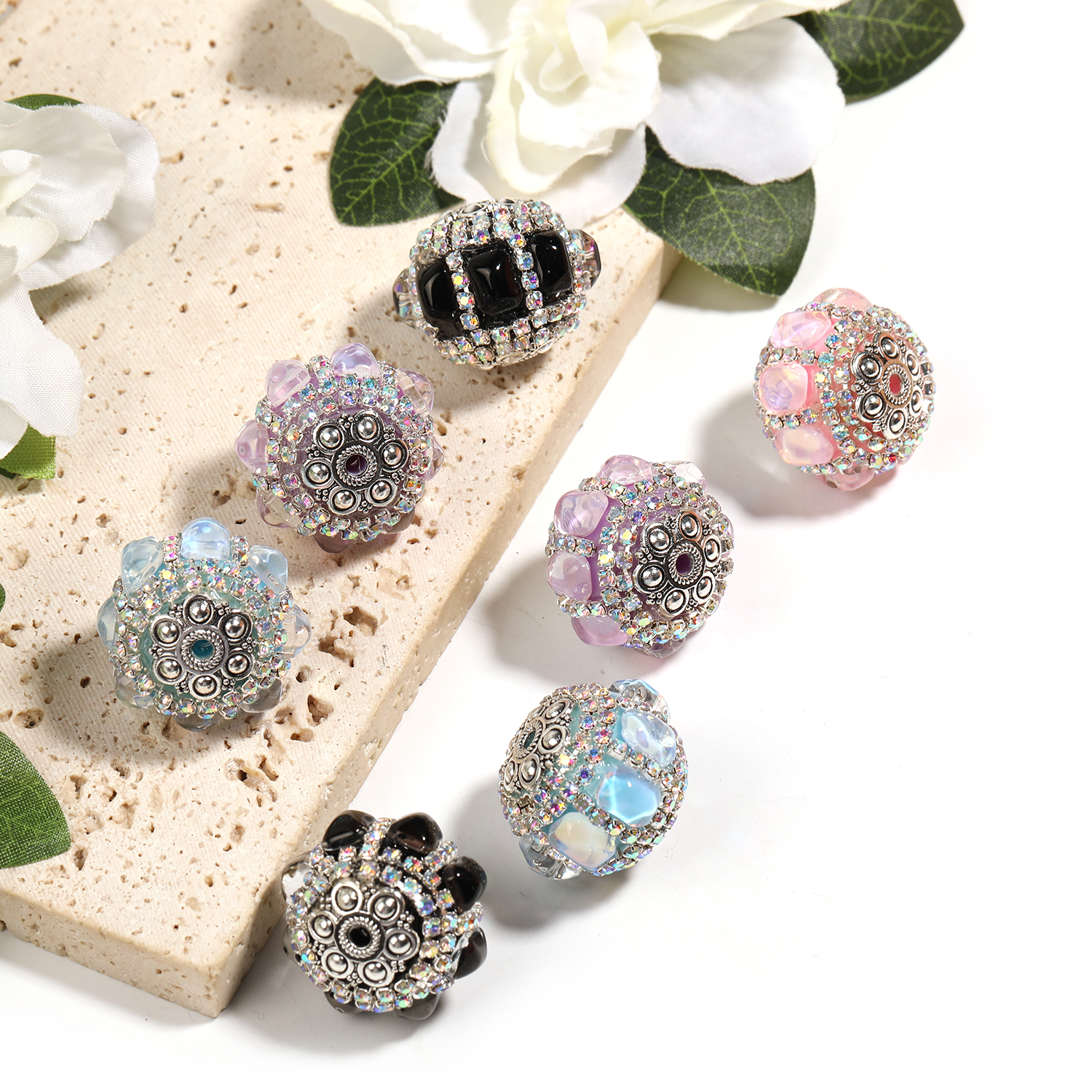 【B142】9pcs  Silver Metal Crystal Diamonds Nepal Beads For Jewelry Making Gorgeous Vintage DIY-JPM