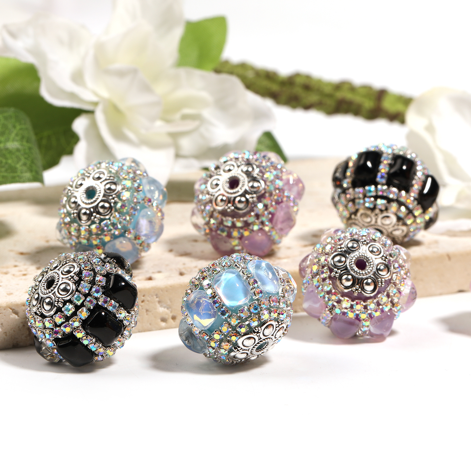 【B142】9pcs  Silver Metal Crystal Diamonds Nepal Beads For Jewelry Making Gorgeous Vintage DIY-JPM