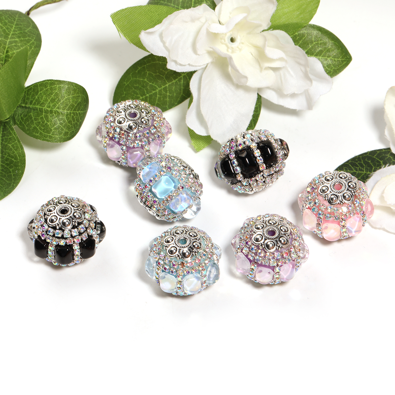 【B142】9pcs  Silver Metal Crystal Diamonds Nepal Beads For Jewelry Making Gorgeous Vintage DIY-JPM
