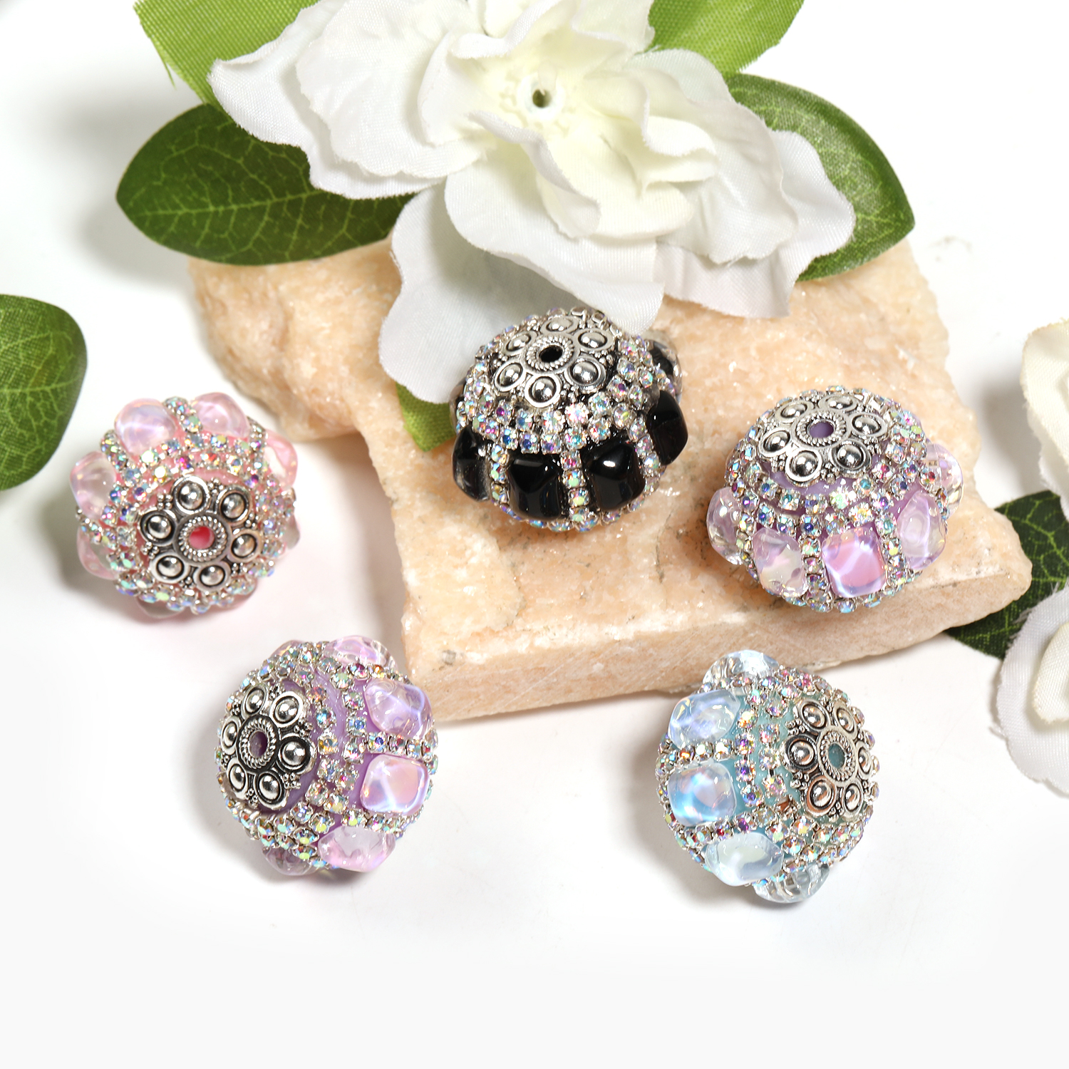 【B142】9pcs  Silver Metal Crystal Diamonds Nepal Beads For Jewelry Making Gorgeous Vintage DIY-JPM