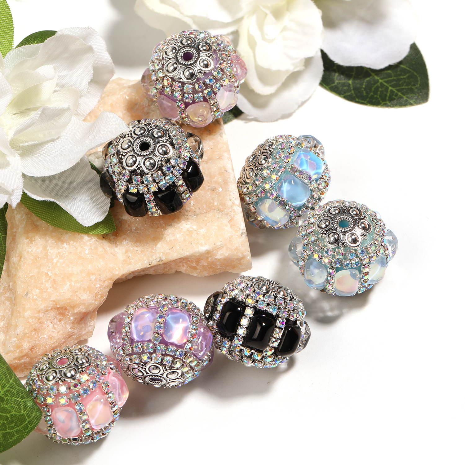 【B142】9pcs  Silver Metal Crystal Diamonds Nepal Beads For Jewelry Making Gorgeous Vintage DIY-JPM