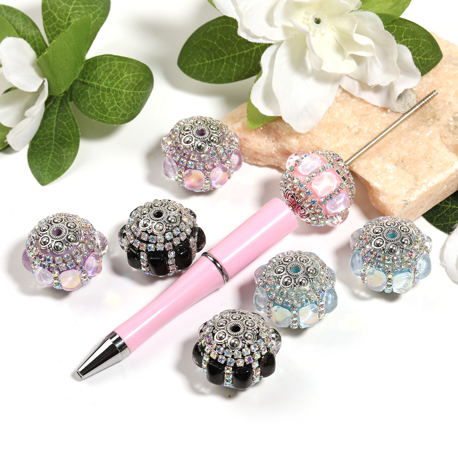 【B142】9pcs  Silver Metal Crystal Diamonds Nepal Beads For Jewelry Making Gorgeous Vintage DIY-JPM