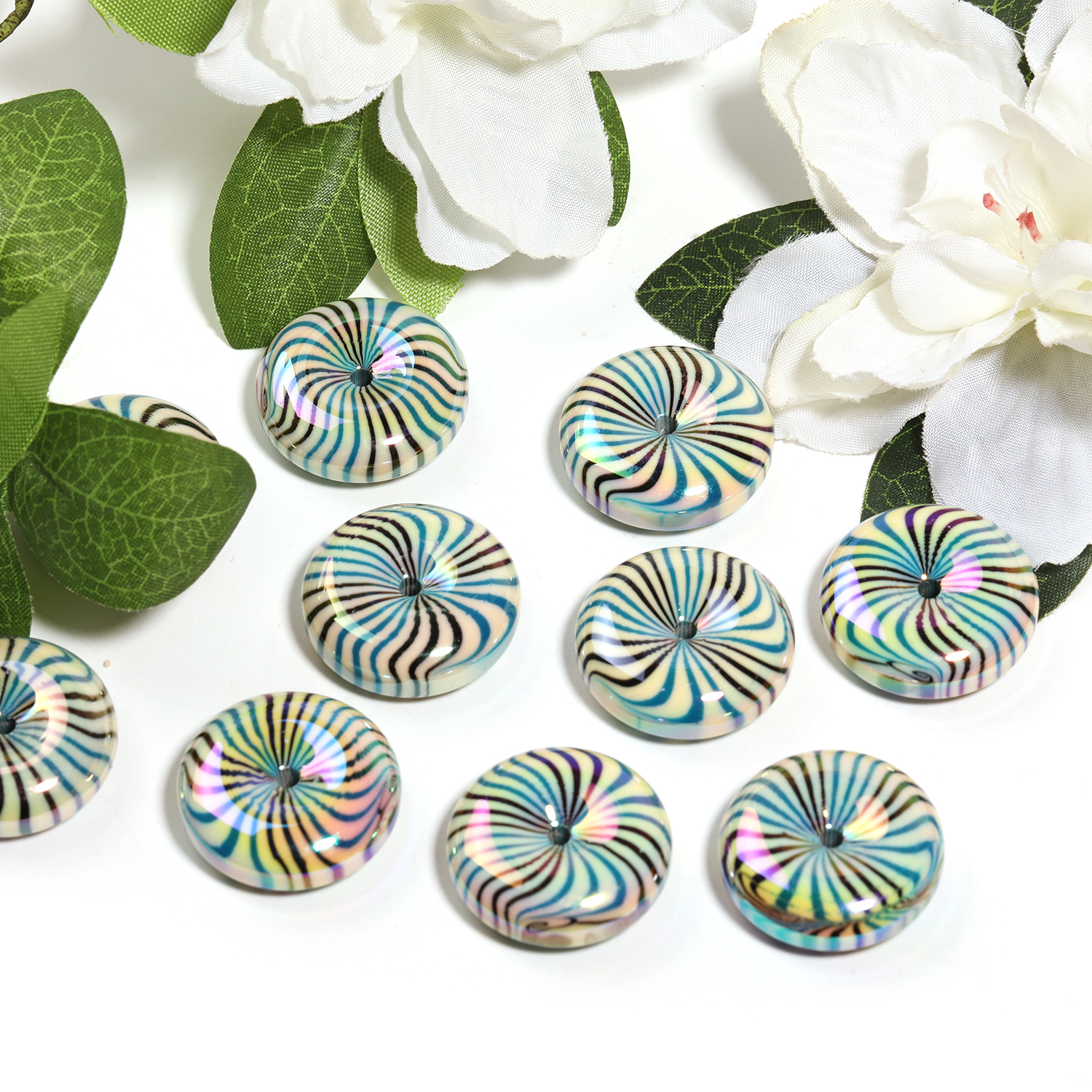 【B146】50pcs Glossy Flat Striped Multicolor Wheel Swirl Acrylic Beads-JPM