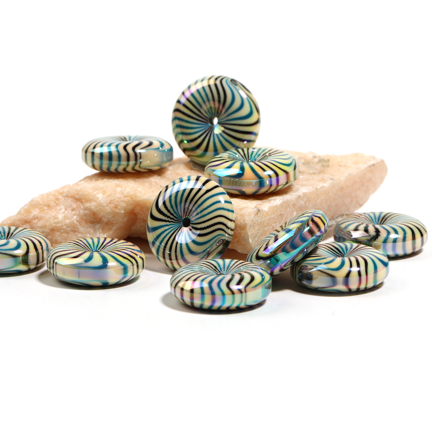 【B146】50pcs Glossy Flat Striped Multicolor Wheel Swirl Acrylic Beads-JPM