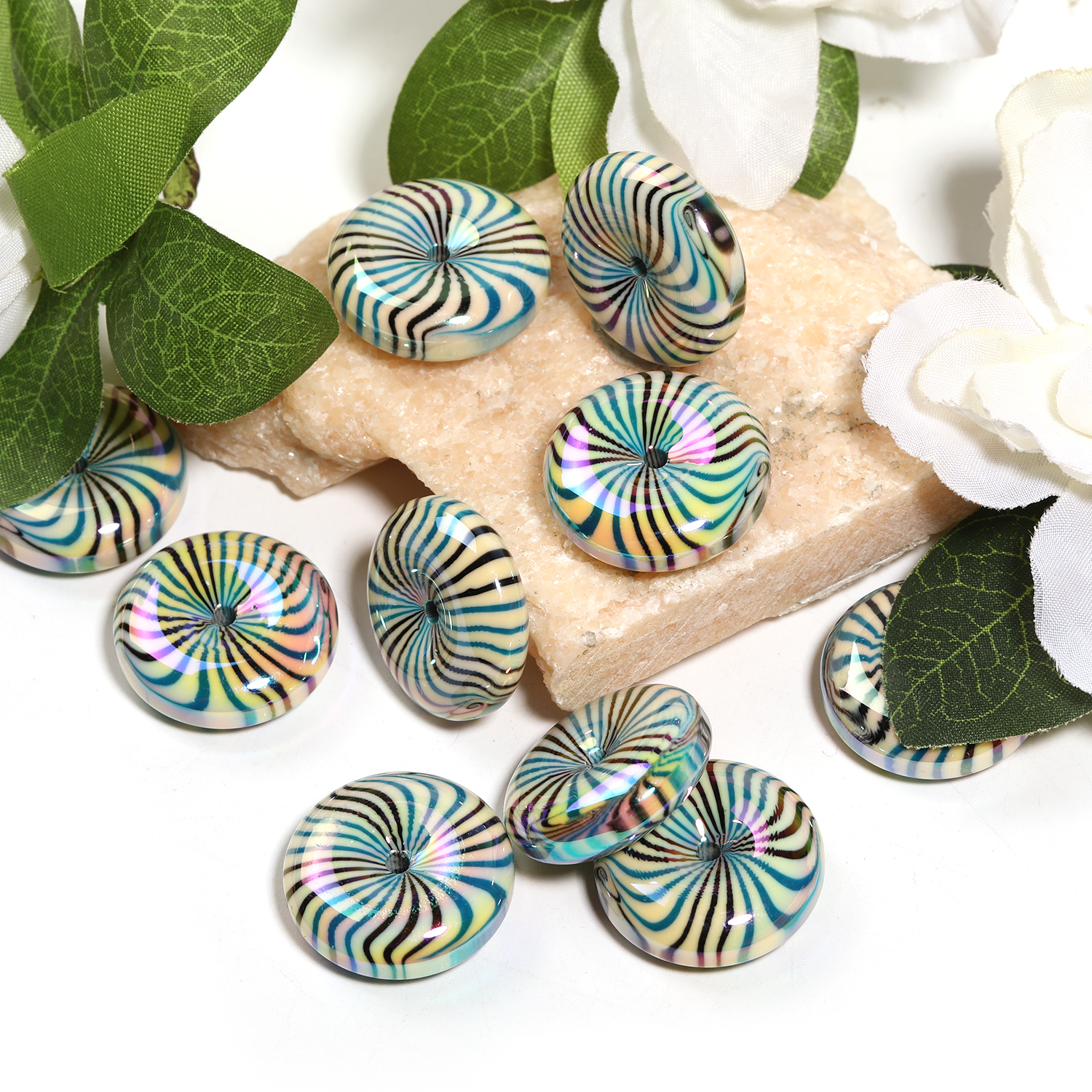 【B146】50pcs Glossy Flat Striped Multicolor Wheel Swirl Acrylic Beads-JPM