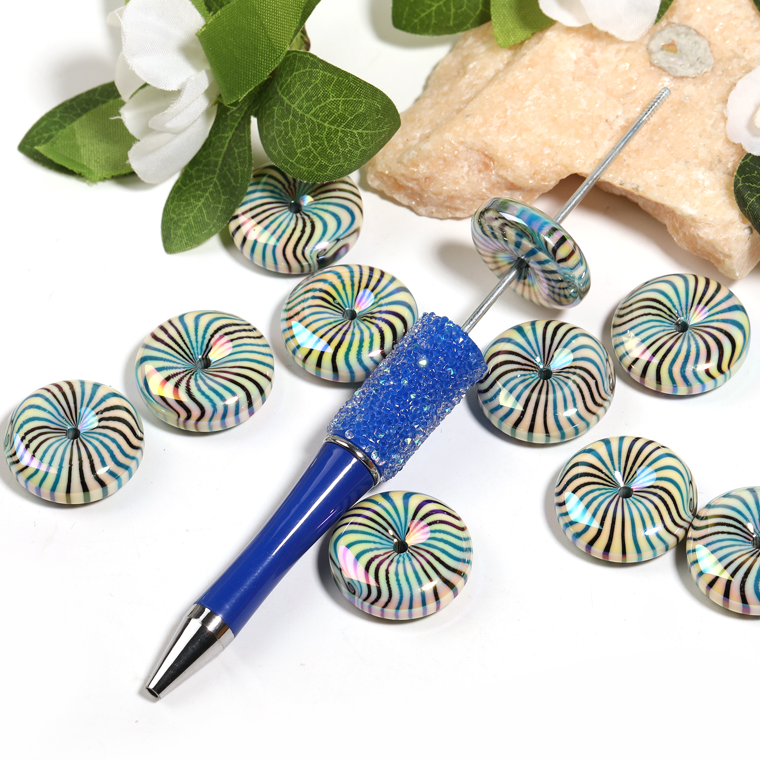 【B146】50pcs Glossy Flat Striped Multicolor Wheel Swirl Acrylic Beads-JPM