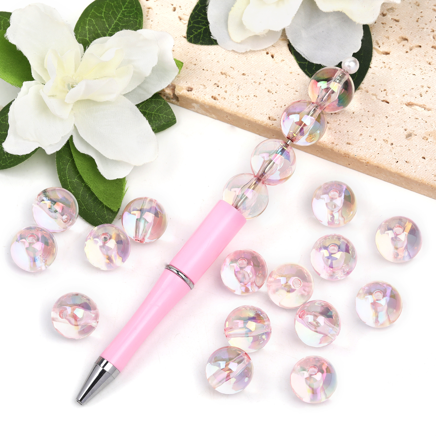 【B48】100pcs  Acrylic through hole round beads 16mm straight hole transparent UV electroplated beads diy jewelry material-JPM