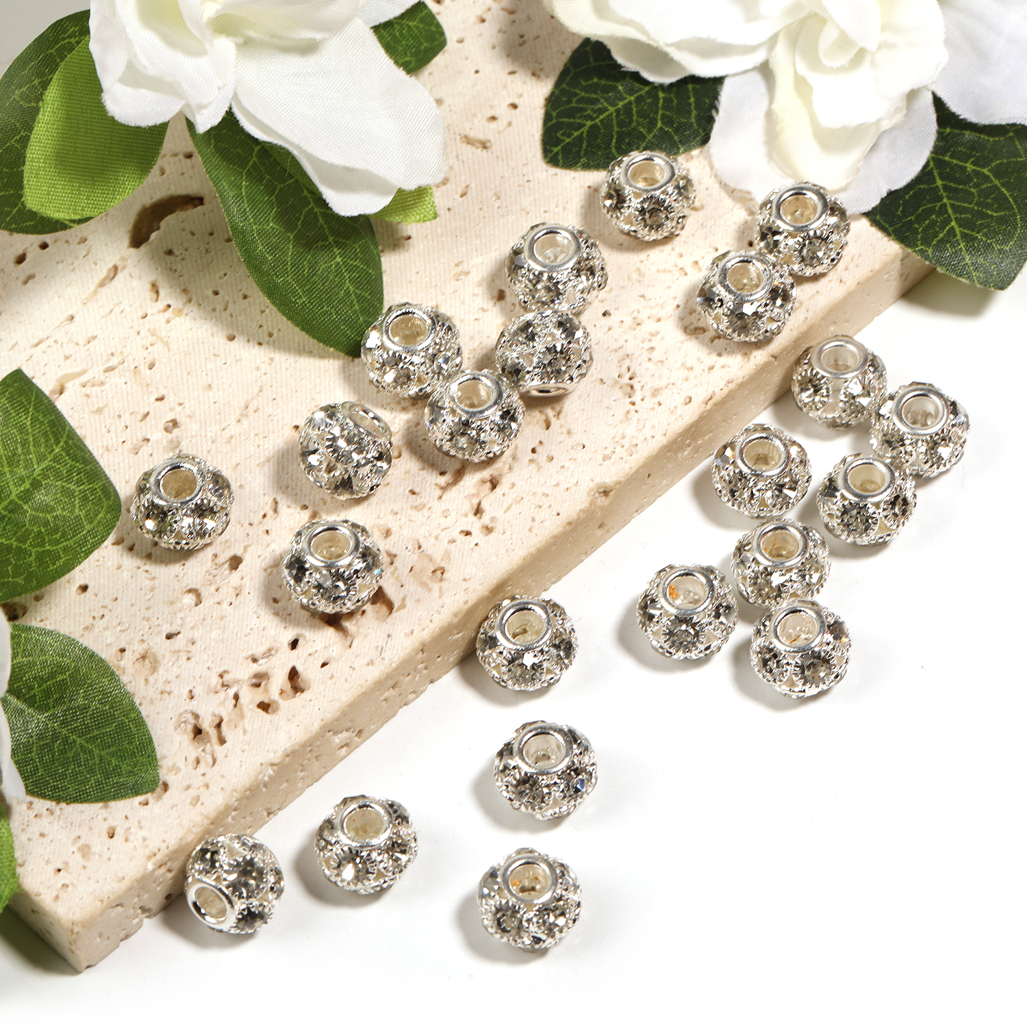 【B61】50pcs 12mm/16mm Crystal & Silver Tone Rhinestone Ball Beads-JPM