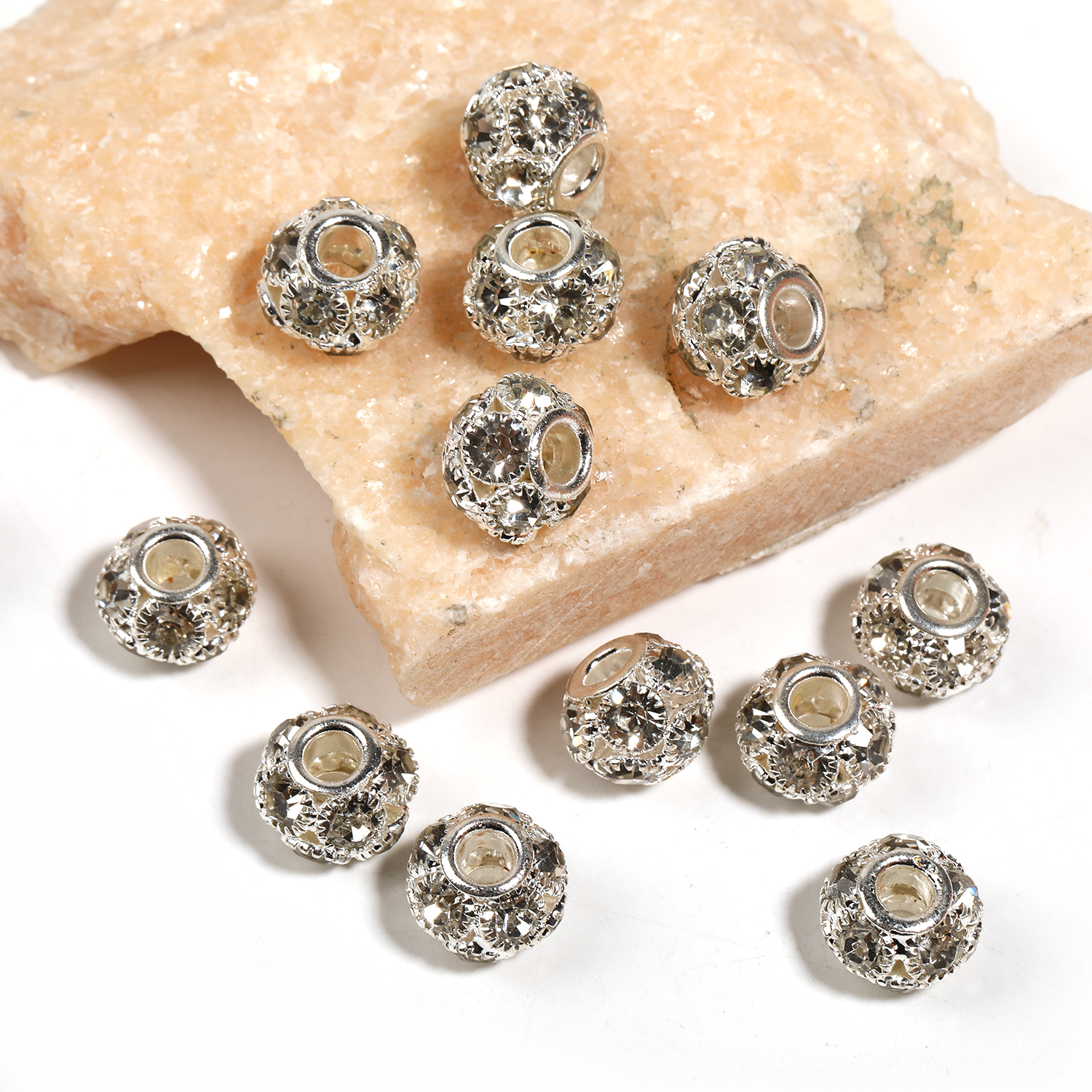 【B61】50pcs 12mm/16mm Crystal & Silver Tone Rhinestone Ball Beads-JPM