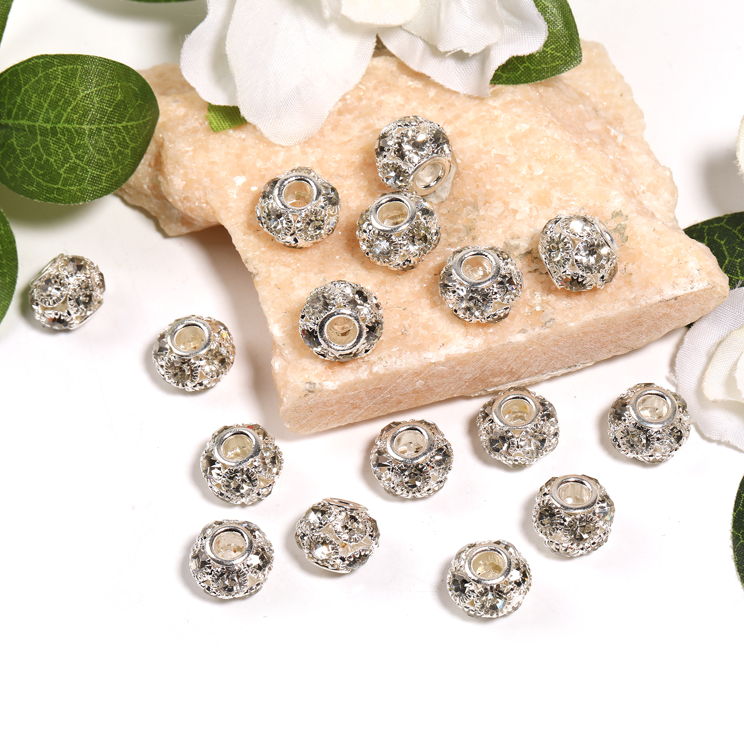 【B61】50pcs 12mm/16mm Crystal & Silver Tone Rhinestone Ball Beads-JPM